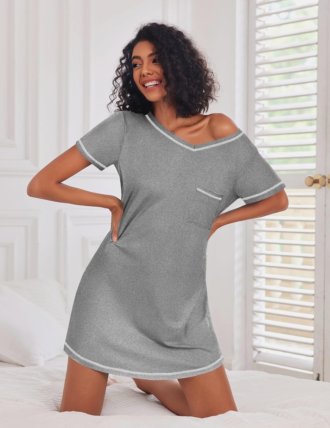 image:imageEkouaer 3 Pack Nightgowns for Women Short Sleeve Sleep Shirt Soft Sleepwear T shirt Nightgown V Neck Nightshirts Soft Sleepwear Dress Ladies Pajama Dress Plus Size Sleeping Gown Comfy NightdressBlackGreyNavy Blue
