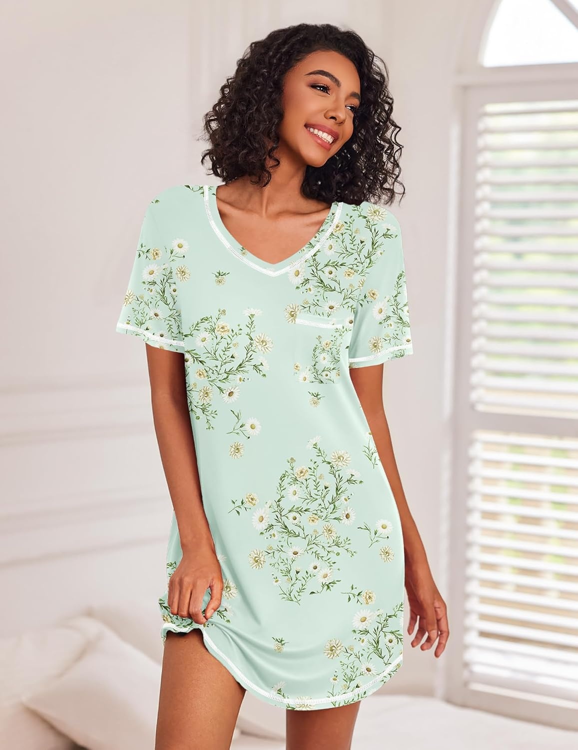 image:imageEkouaer 3 Pack Nightgowns for Women Short Sleeve Sleep Shirt Soft Sleepwear T shirt Nightgown V Neck Nightshirts Soft Sleepwear Dress Ladies Pajama Dress Plus Size Sleeping Gown Comfy NightdressLittle DaisyBlue StarsPink Stripes