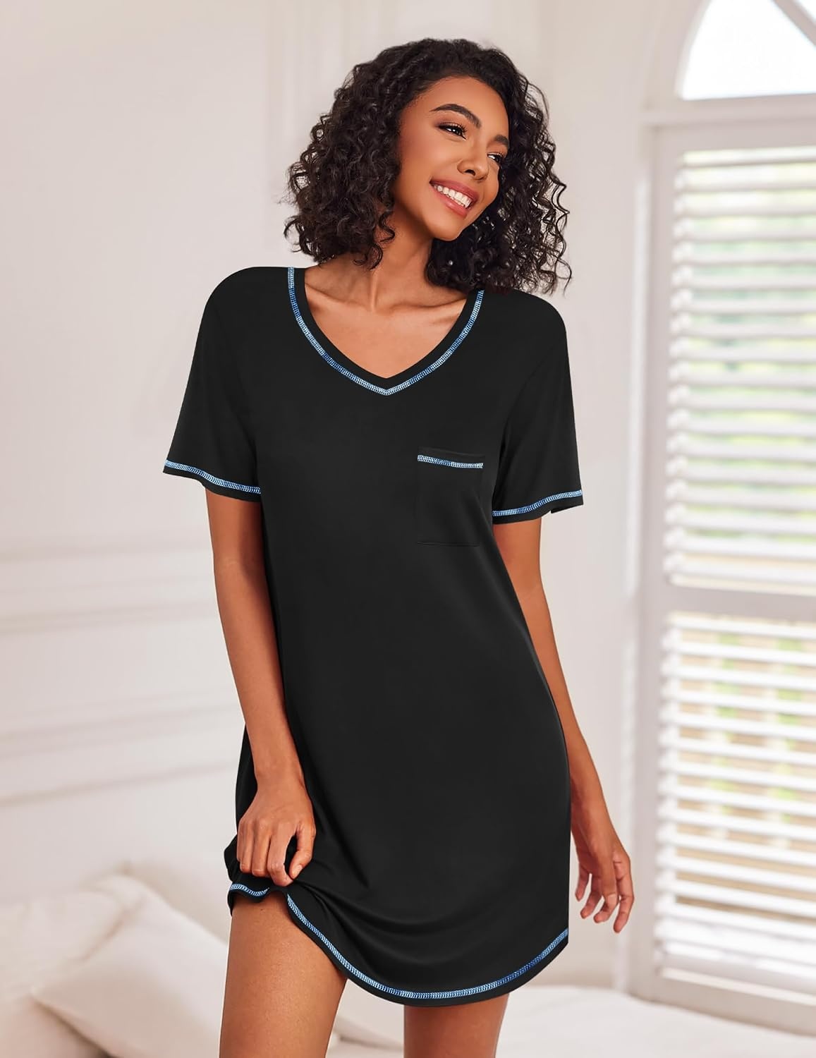 image:imageEkouaer 3 Pack Nightgowns for Women Short Sleeve Sleep Shirt Soft Sleepwear T shirt Nightgown V Neck Nightshirts Soft Sleepwear Dress Ladies Pajama Dress Plus Size Sleeping Gown Comfy NightdressBlackDark GreyLight Grey Stripes
