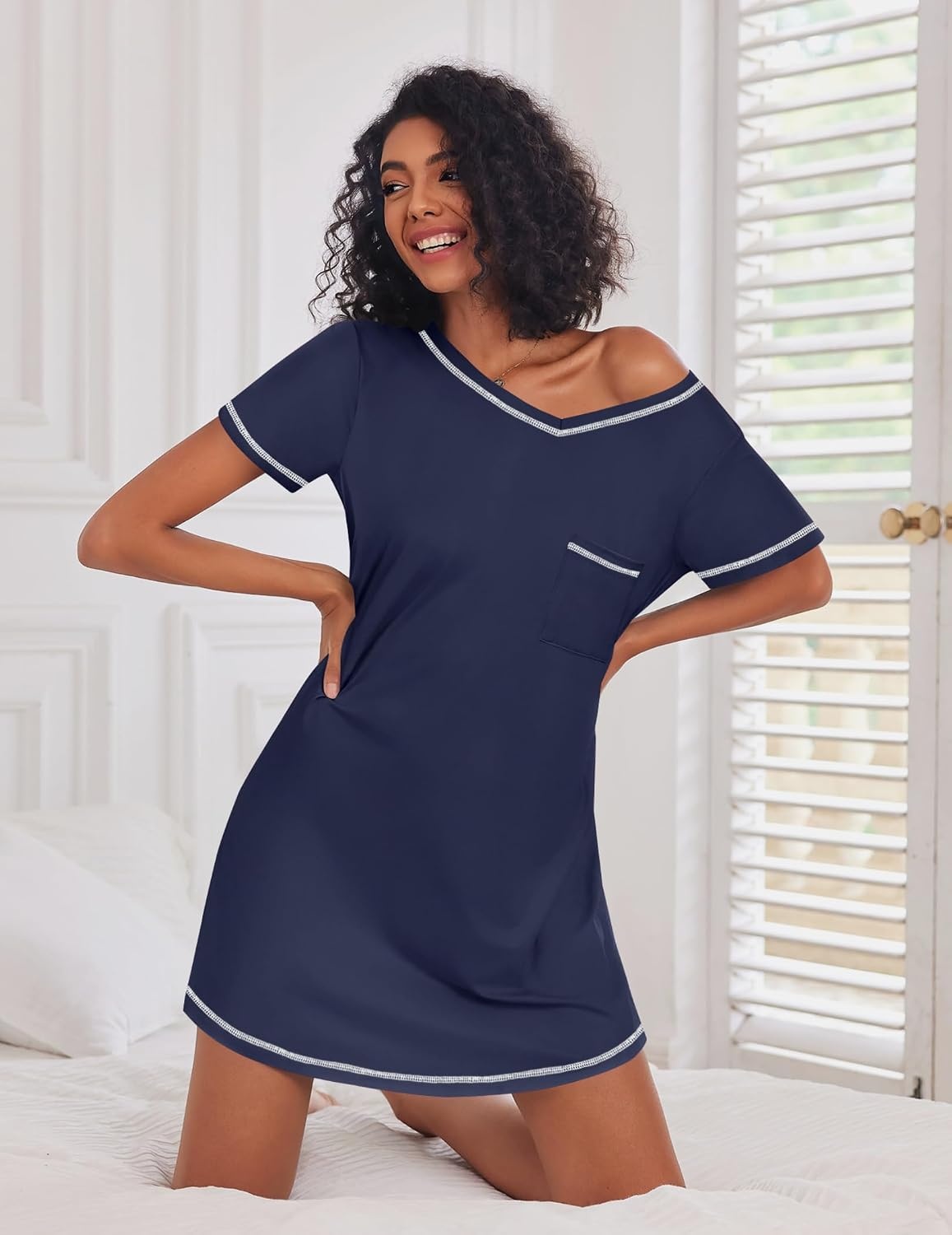 image:imageEkouaer 3 Pack Nightgowns for Women Short Sleeve Sleep Shirt Soft Sleepwear T shirt Nightgown V Neck Nightshirts Soft Sleepwear Dress Ladies Pajama Dress Plus Size Sleeping Gown Comfy NightdressBlackNavy BlueButterfly