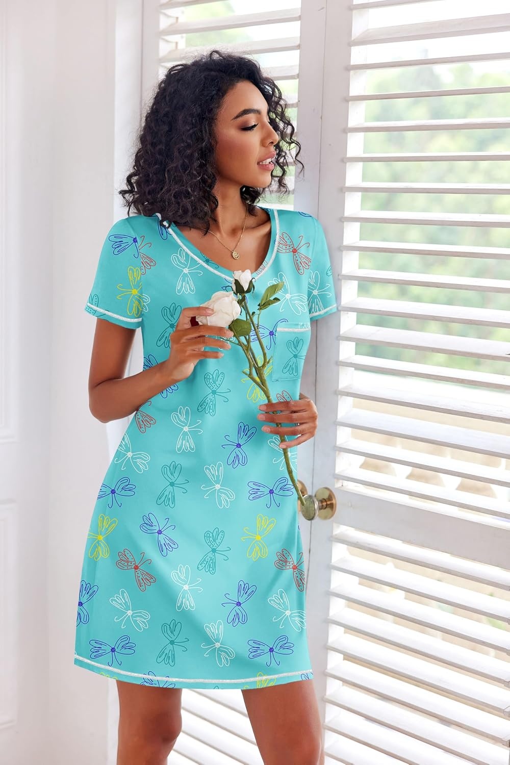 image:imageEkouaer 3 Pack Nightgowns for Women Short Sleeve Sleep Shirt Soft Sleepwear T shirt Nightgown V Neck Nightshirts Soft Sleepwear Dress Ladies Pajama Dress Plus Size Sleeping Gown Comfy NightdressCoffee CupBlue PrintPurple Stars