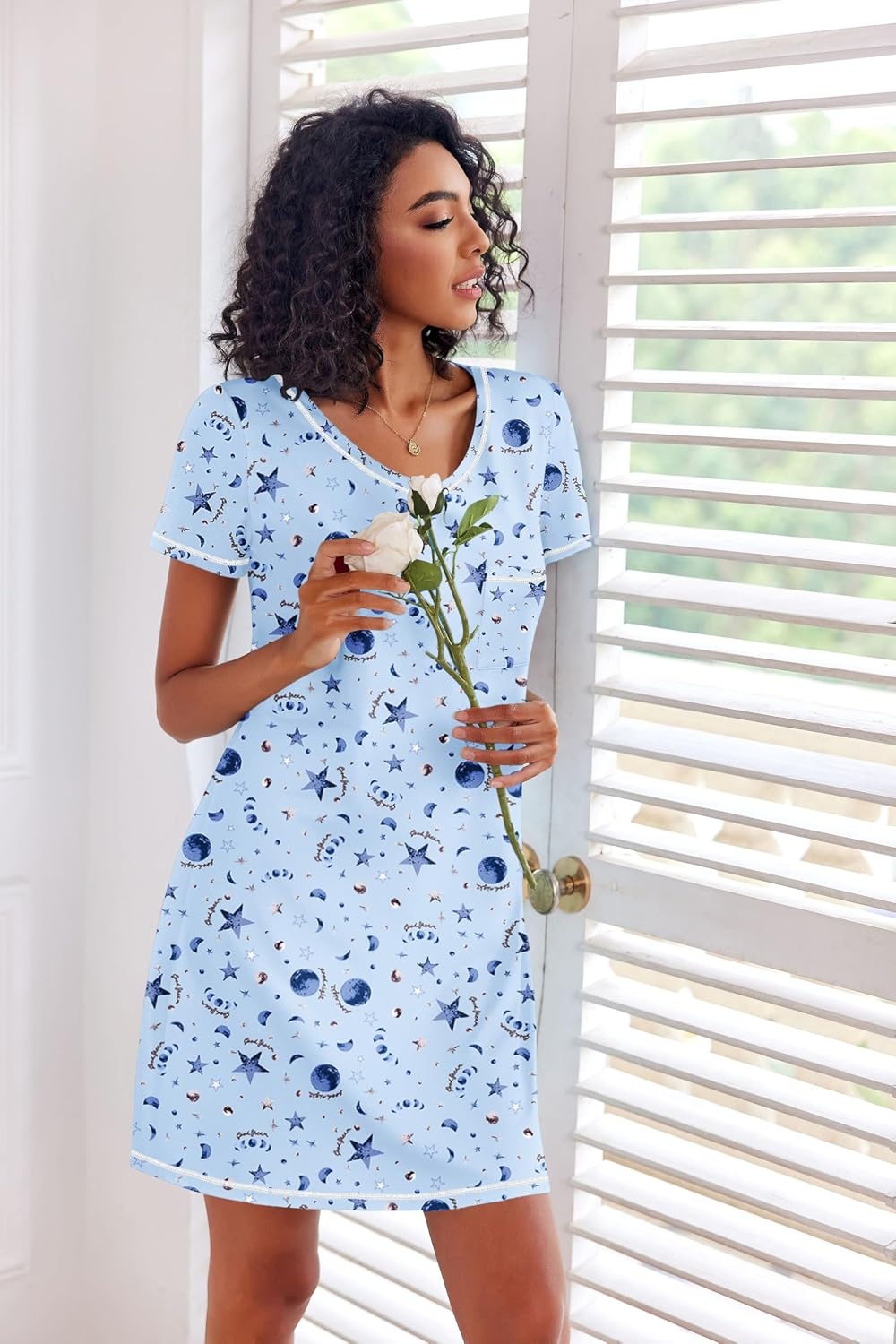 image:imageEkouaer 3 Pack Nightgowns for Women Short Sleeve Sleep Shirt Soft Sleepwear T shirt Nightgown V Neck Nightshirts Soft Sleepwear Dress Ladies Pajama Dress Plus Size Sleeping Gown Comfy NightdressLittle DaisyBlue StarsPink Stripes