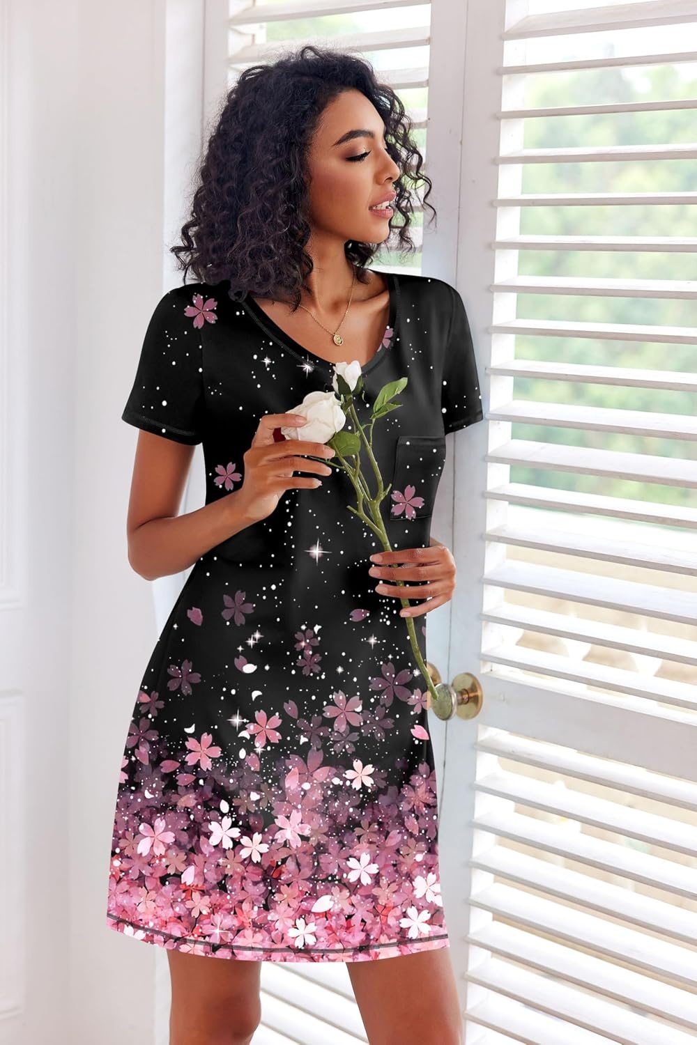 image:imageEkouaer 3 Pack Nightgowns for Women Short Sleeve Sleep Shirt Soft Sleepwear T shirt Nightgown V Neck Nightshirts Soft Sleepwear Dress Ladies Pajama Dress Plus Size Sleeping Gown Comfy NightdressBlackCherry BlossomsPink