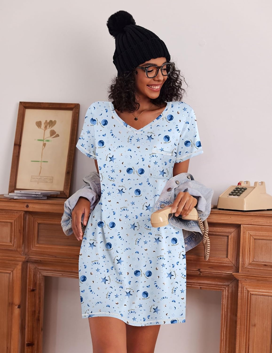 image:imageEkouaer 3 Pack Nightgowns for Women Short Sleeve Sleep Shirt Soft Sleepwear T shirt Nightgown V Neck Nightshirts Soft Sleepwear Dress Ladies Pajama Dress Plus Size Sleeping Gown Comfy NightdressBlackGreyMoon Star