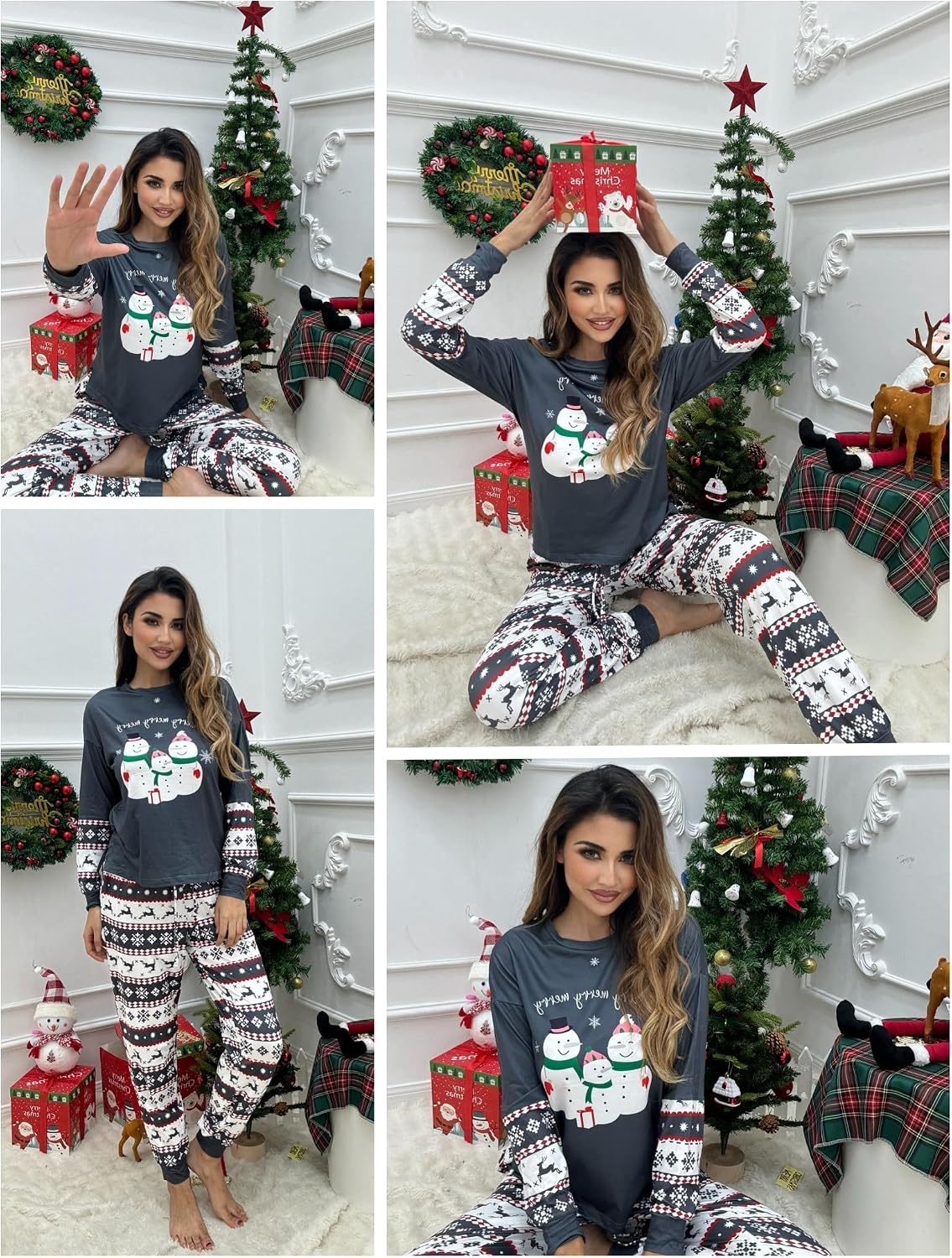 image:imageEkouaer Family Christmas Pajamas Matching Sets Soft Long Sleeve for Womens Mens Kids Pjs Family Sleepwear Holiday Lounge SetsGray White Snowman