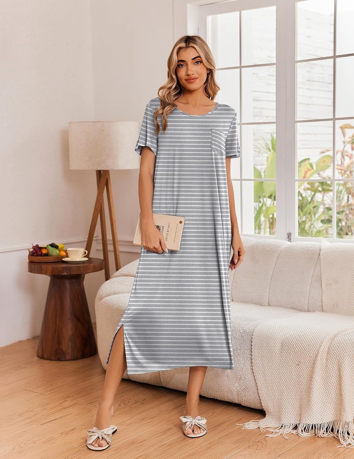 image:imageEkouaer Long Nightgowns for Women 3 Pack Plus Size Short Sleeve House Dress Ladies Night Gown V Neck Lounge Dress Plus Size Sleep Shirts Full Length Night Shirts Floral Moo Moos Soft Pajama DressBlackGreyGrey Stripe