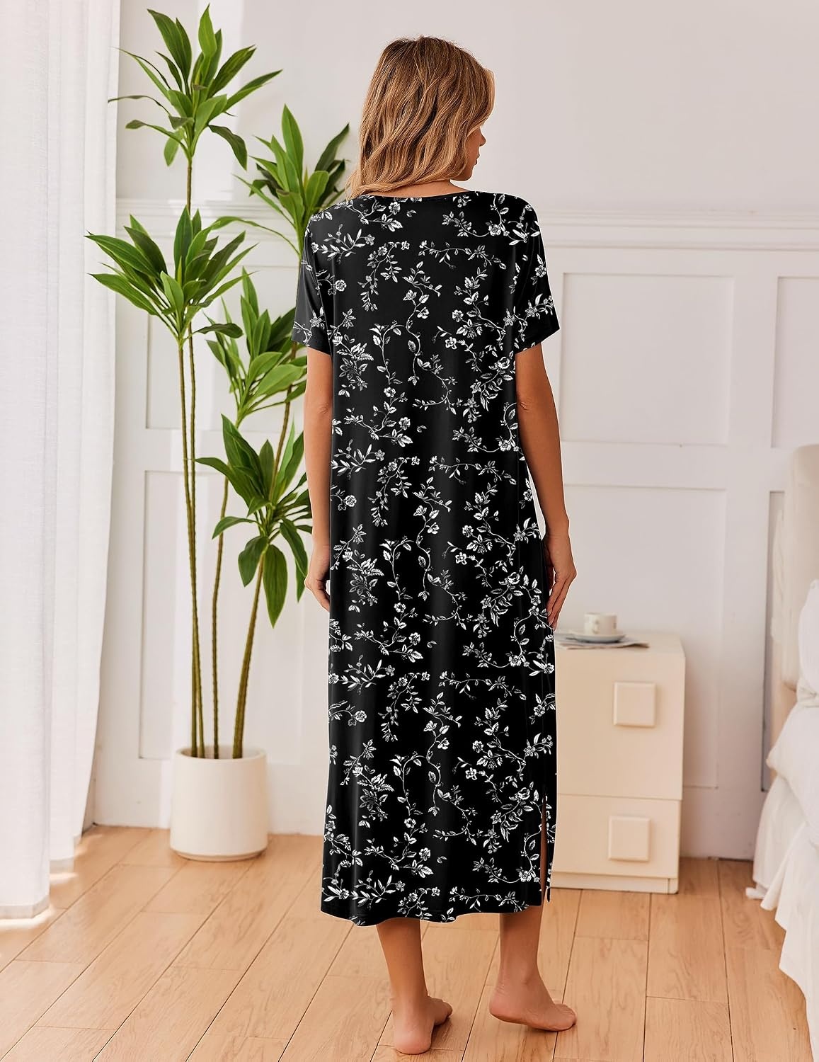 image:imageEkouaer Long Nightgowns for Women 3 Pack Plus Size Short Sleeve House Dress Ladies Night Gown V Neck Lounge Dress Plus Size Sleep Shirts Full Length Night Shirts Floral Moo Moos Soft Pajama DressBlack FloralGreyBlue
