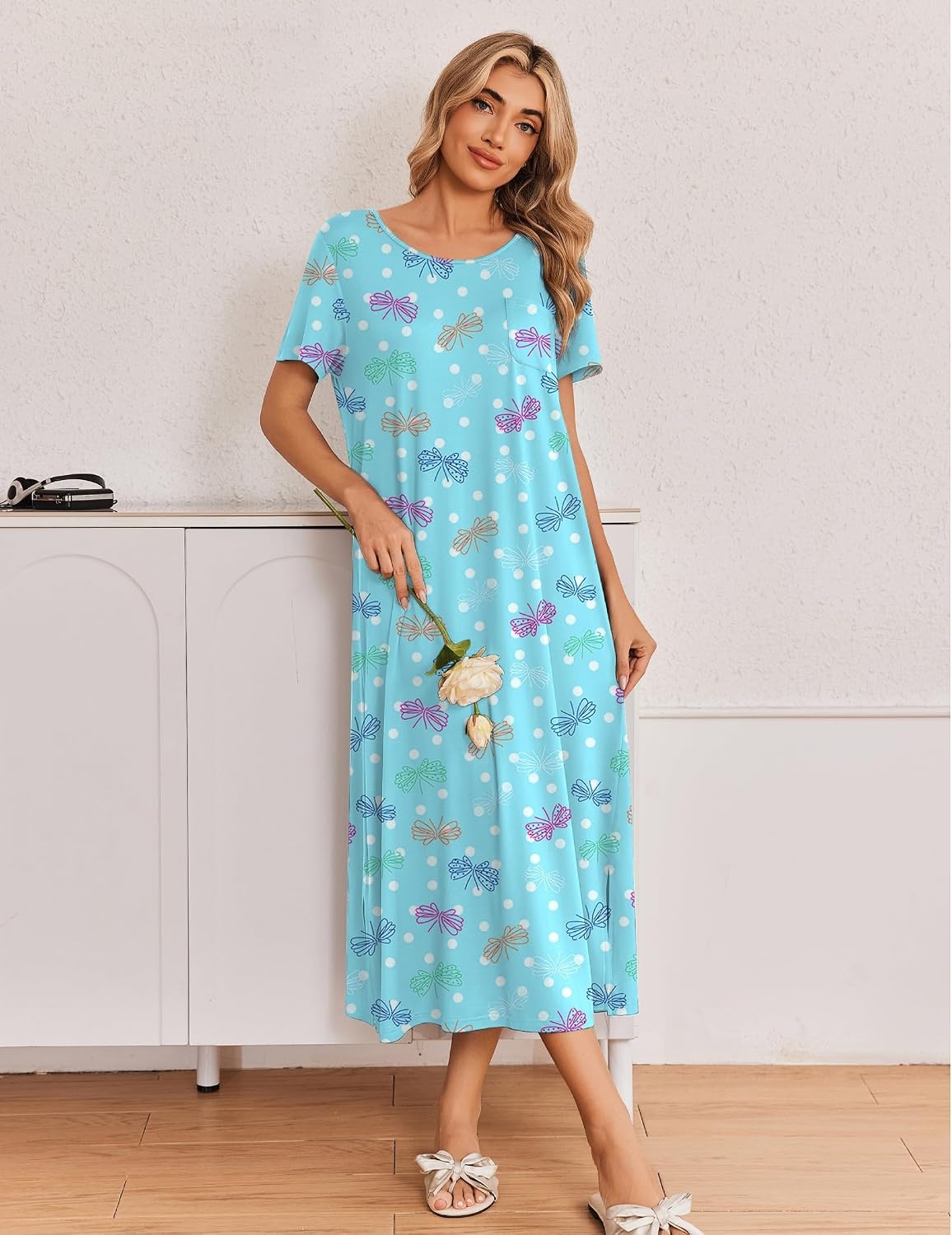 image:imageEkouaer Long Nightgowns for Women 3 Pack Plus Size Short Sleeve House Dress Ladies Night Gown V Neck Lounge Dress Plus Size Sleep Shirts Full Length Night Shirts Floral Moo Moos Soft Pajama DressGrey CoffeePurple StarBlue Butterfly