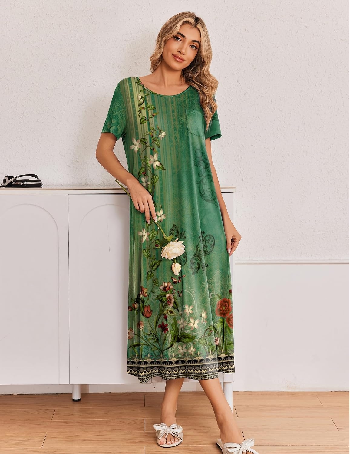 image:imageEkouaer Long Nightgowns for Women 3 Pack Plus Size Short Sleeve House Dress Ladies Night Gown V Neck Lounge Dress Plus Size Sleep Shirts Full Length Night Shirts Floral Moo Moos Soft Pajama DressBlackBlack Pink FloralGreen Floral