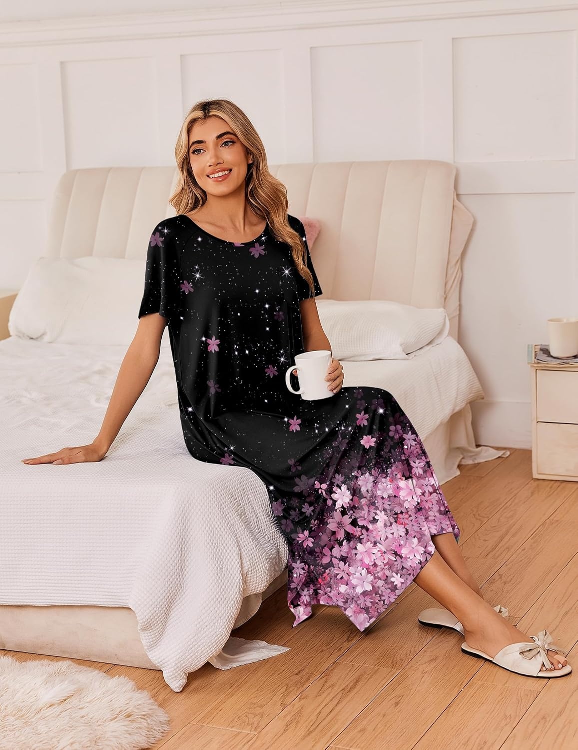 image:imageEkouaer Long Nightgowns for Women 3 Pack Plus Size Short Sleeve House Dress Ladies Night Gown V Neck Lounge Dress Plus Size Sleep Shirts Full Length Night Shirts Floral Moo Moos Soft Pajama DressBlackBlack Pink FloralGreen Floral