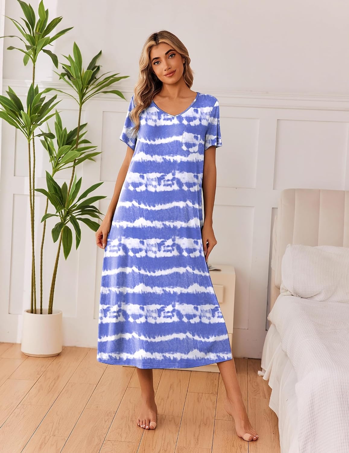 image:imageEkouaer Long Nightgowns for Women 3 Pack Plus Size Short Sleeve House Dress Ladies Night Gown V Neck Lounge Dress Plus Size Sleep Shirts Full Length Night Shirts Floral Moo Moos Soft Pajama DressTie Dye BlueWhite FloralGreen Flower