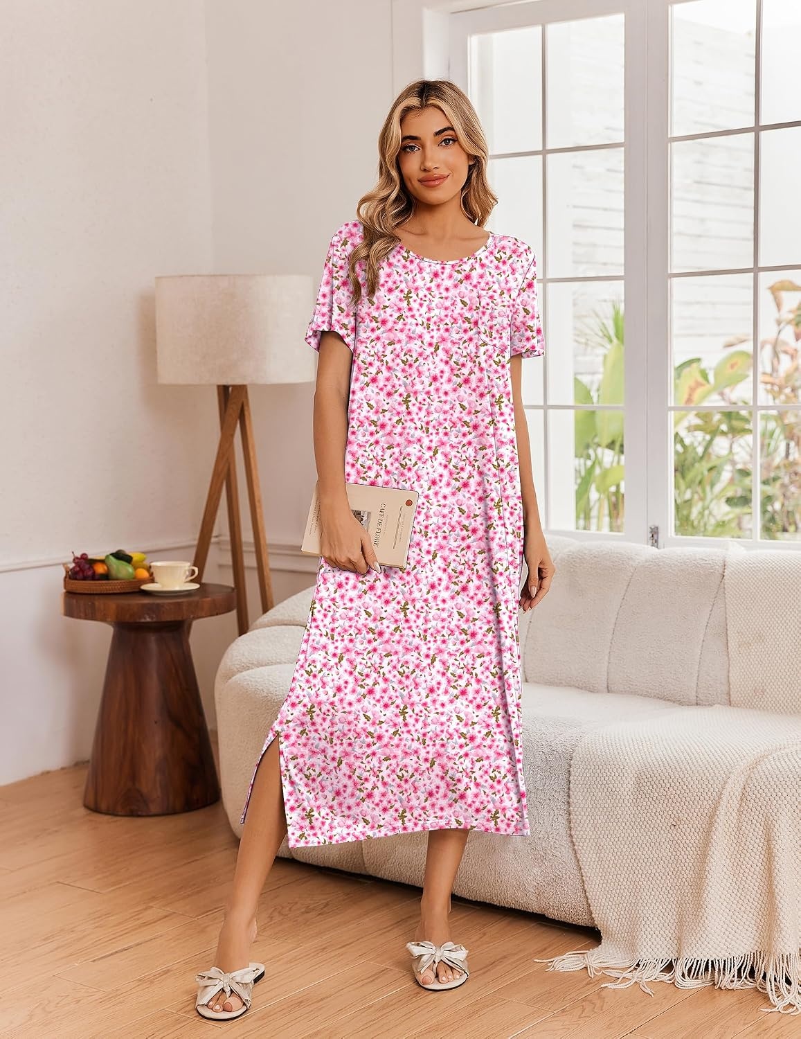 image:imageEkouaer Long Nightgowns for Women 3 Pack Plus Size Short Sleeve House Dress Ladies Night Gown V Neck Lounge Dress Plus Size Sleep Shirts Full Length Night Shirts Floral Moo Moos Soft Pajama DressBlue Moon StarPurple StarPink Floral