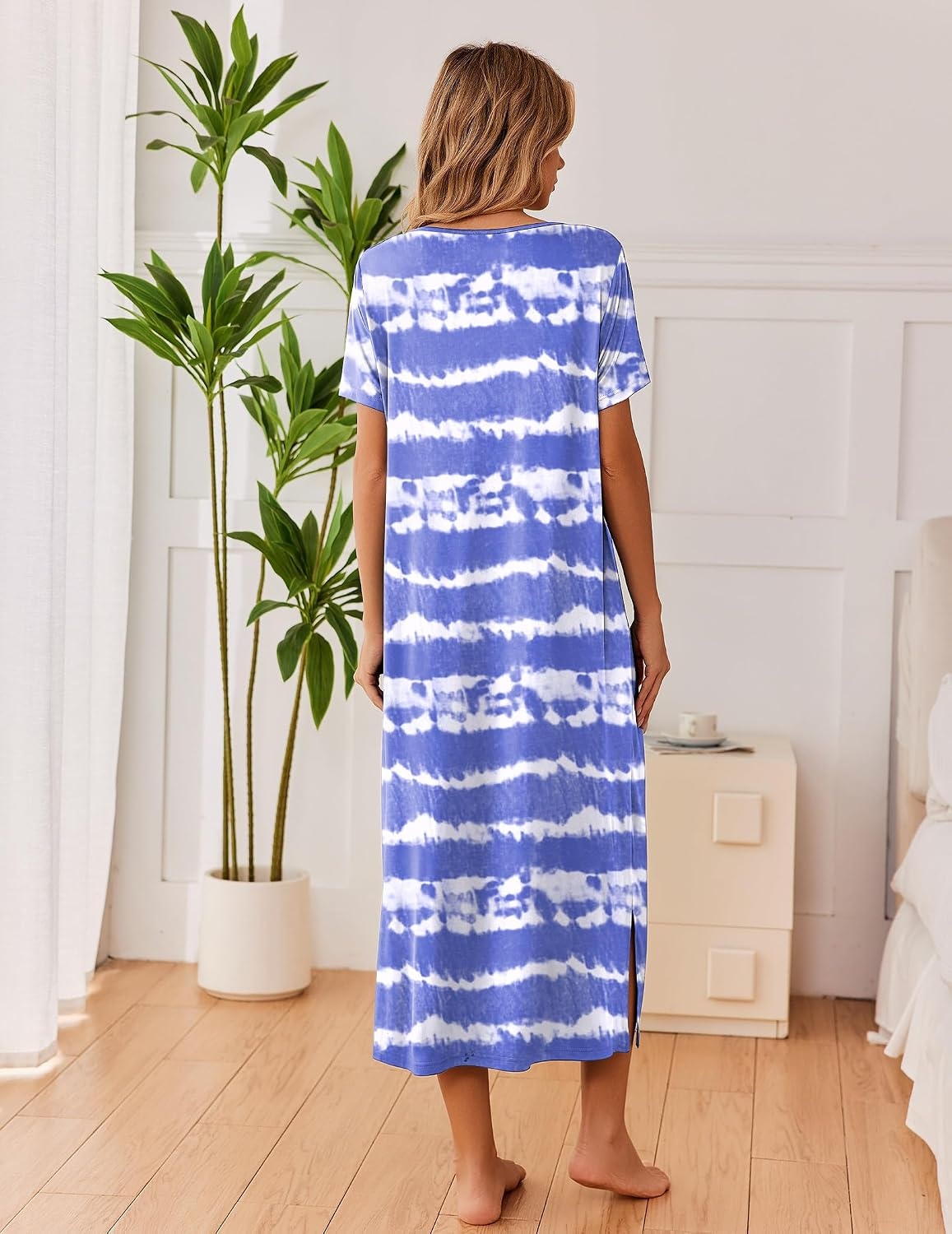 image:imageEkouaer Long Nightgowns for Women 3 Pack Plus Size Short Sleeve House Dress Ladies Night Gown V Neck Lounge Dress Plus Size Sleep Shirts Full Length Night Shirts Floral Moo Moos Soft Pajama DressTie Dye BlueWhite FloralGreen Flower