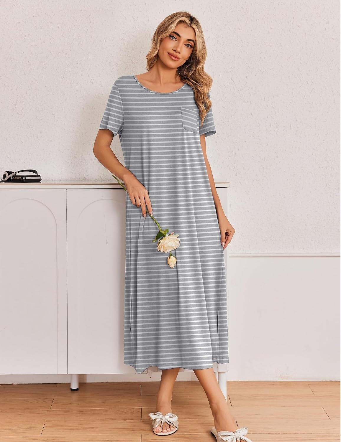 image:imageEkouaer Long Nightgowns for Women 3 Pack Plus Size Short Sleeve House Dress Ladies Night Gown V Neck Lounge Dress Plus Size Sleep Shirts Full Length Night Shirts Floral Moo Moos Soft Pajama DressBlackGreyGrey Stripe