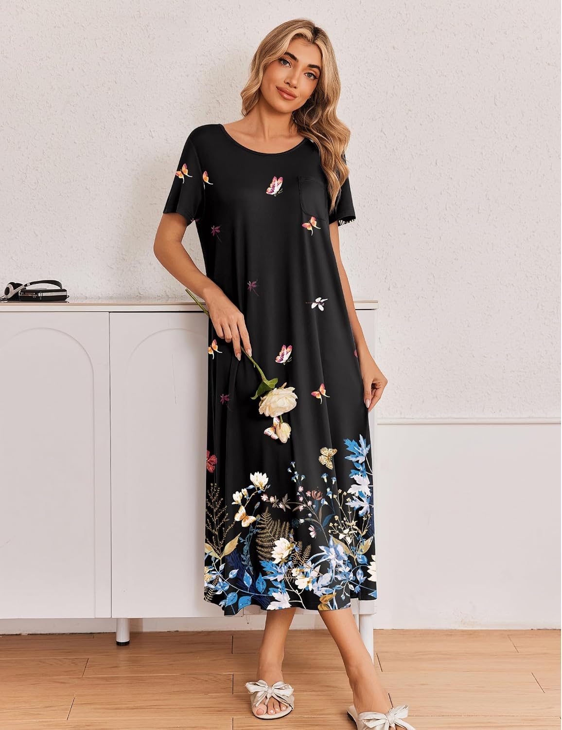 image:imageEkouaer Long Nightgowns for Women 3 Pack Plus Size Short Sleeve House Dress Ladies Night Gown V Neck Lounge Dress Plus Size Sleep Shirts Full Length Night Shirts Floral Moo Moos Soft Pajama DressBlackGreyBlack Butterfly