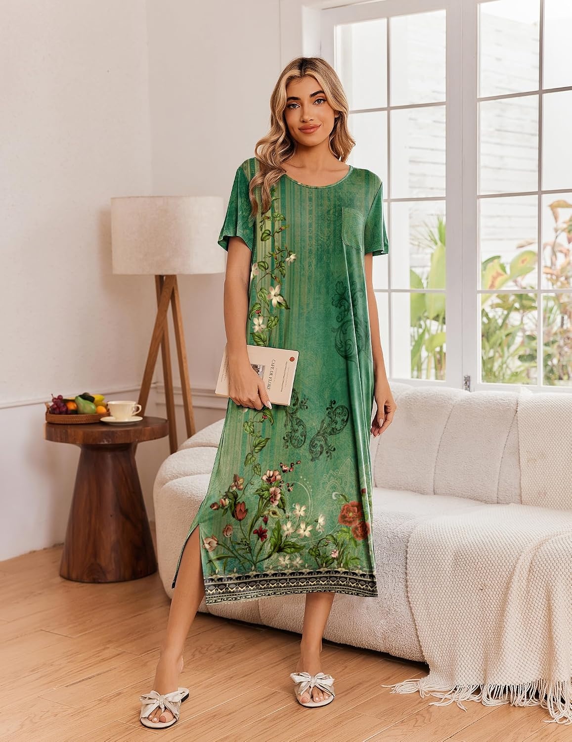 image:imageEkouaer Long Nightgowns for Women 3 Pack Plus Size Short Sleeve House Dress Ladies Night Gown V Neck Lounge Dress Plus Size Sleep Shirts Full Length Night Shirts Floral Moo Moos Soft Pajama DressBlackBlack Pink FloralGreen Floral