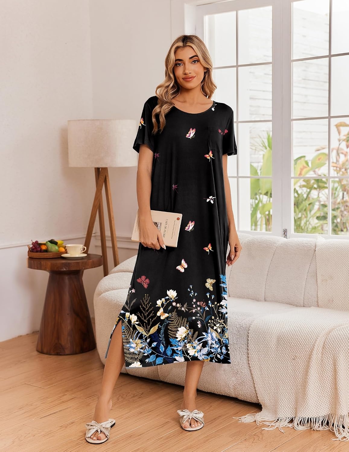 image:imageEkouaer Long Nightgowns for Women 3 Pack Plus Size Short Sleeve House Dress Ladies Night Gown V Neck Lounge Dress Plus Size Sleep Shirts Full Length Night Shirts Floral Moo Moos Soft Pajama DressBlackGreyBlack Butterfly