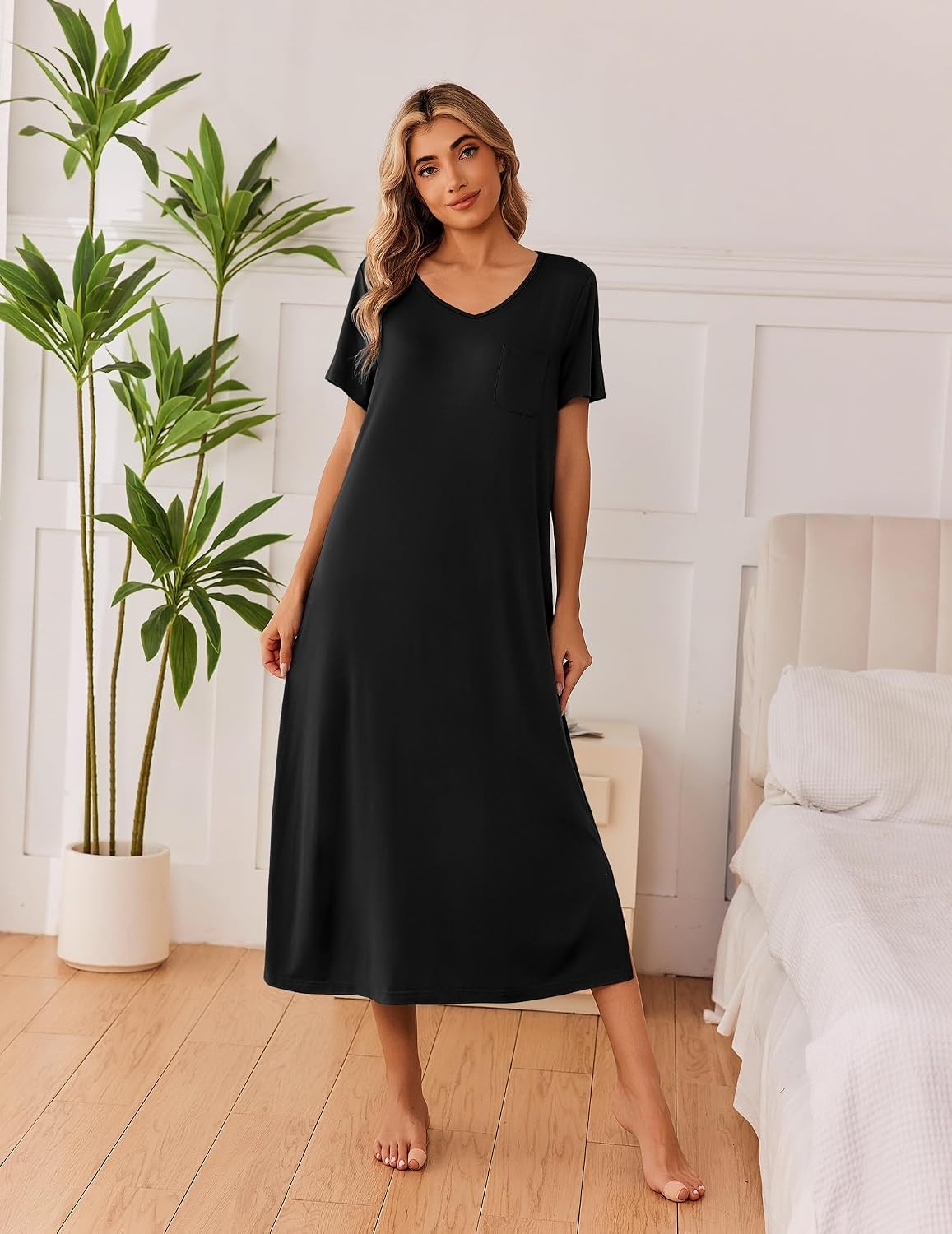 image:imageEkouaer Long Nightgowns for Women 3 Pack Plus Size Short Sleeve House Dress Ladies Night Gown V Neck Lounge Dress Plus Size Sleep Shirts Full Length Night Shirts Floral Moo Moos Soft Pajama DressBlackGreyBlack Butterfly