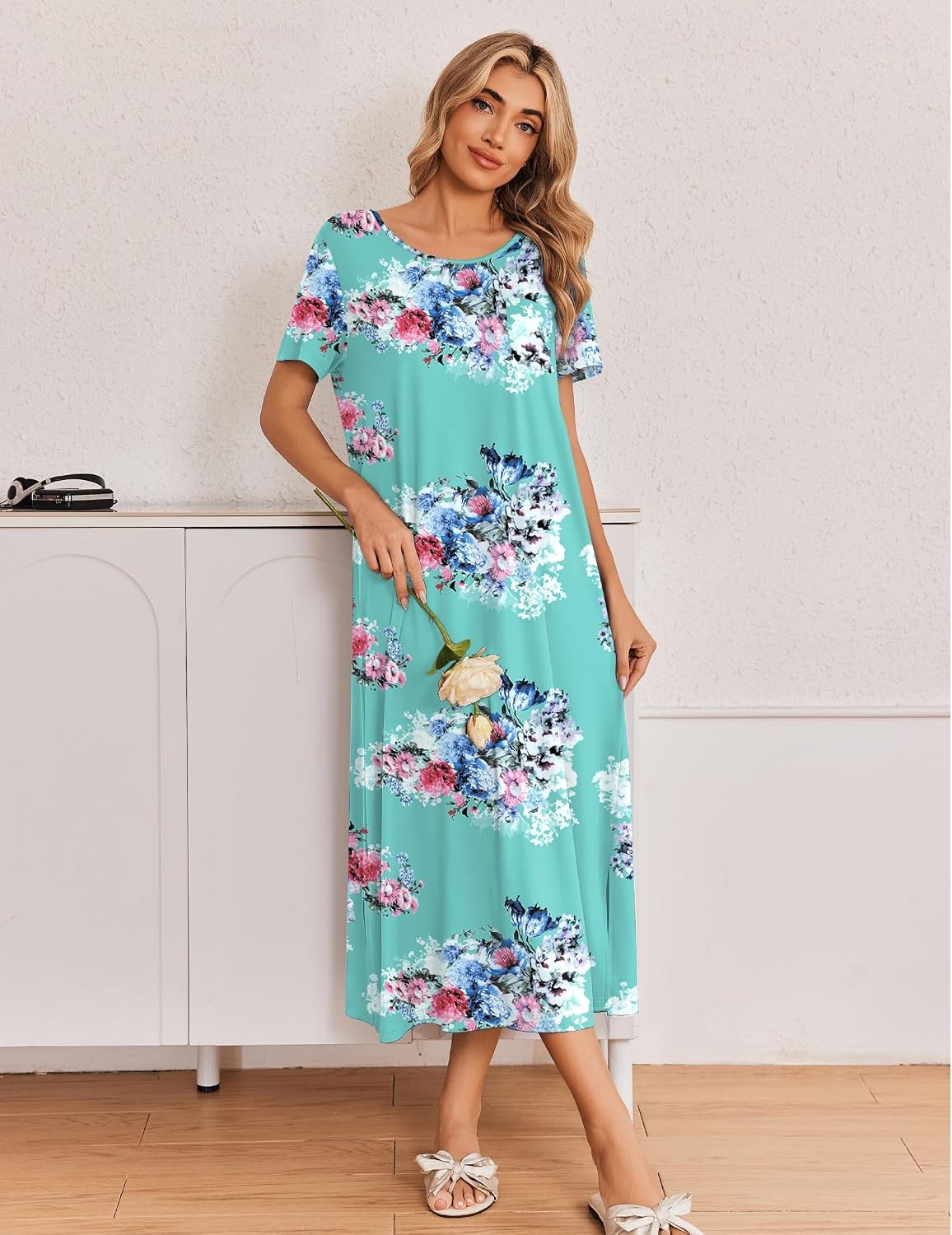 image:imageEkouaer Long Nightgowns for Women 3 Pack Plus Size Short Sleeve House Dress Ladies Night Gown V Neck Lounge Dress Plus Size Sleep Shirts Full Length Night Shirts Floral Moo Moos Soft Pajama DressBlackLilacGreen Flower
