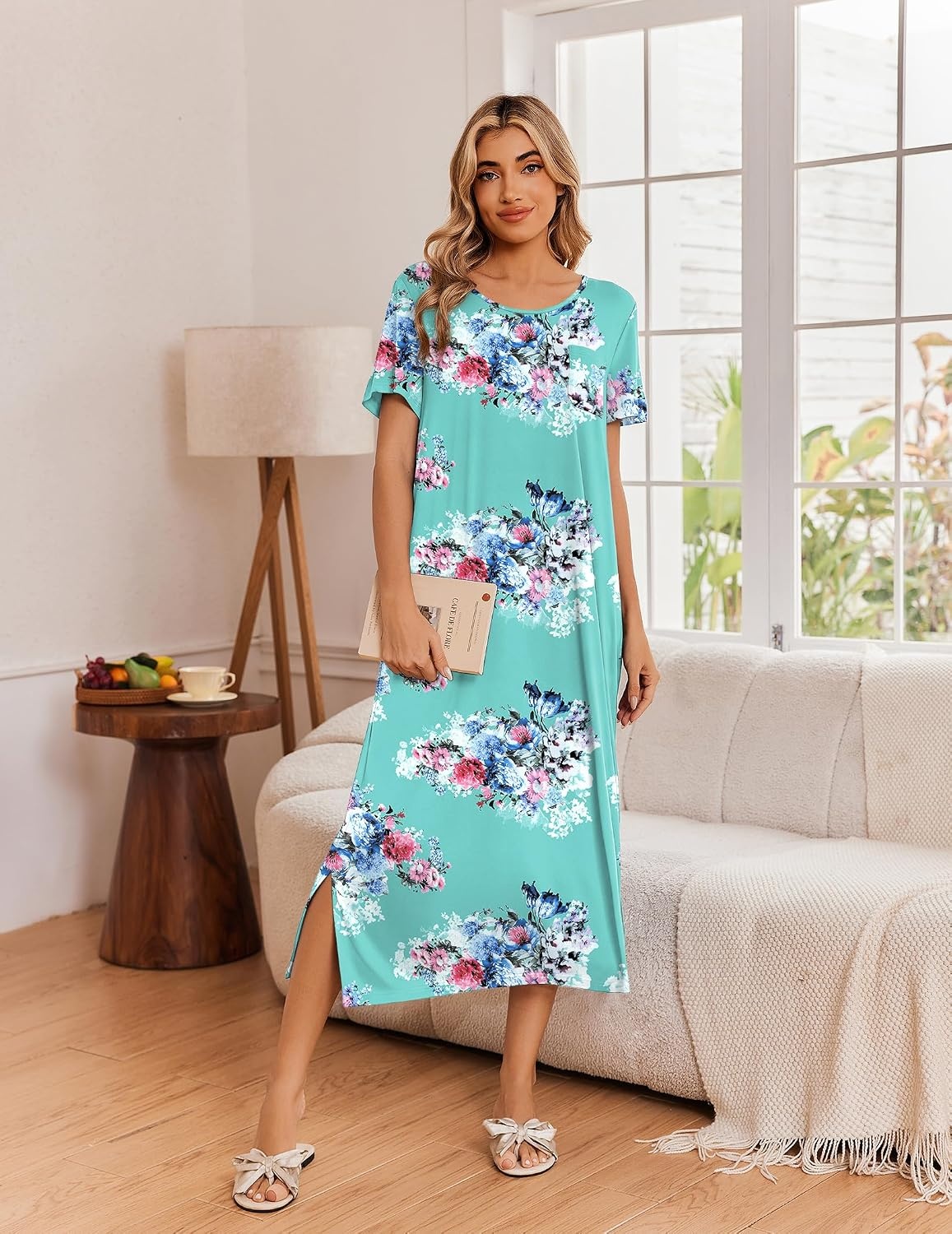 image:imageEkouaer Long Nightgowns for Women 3 Pack Plus Size Short Sleeve House Dress Ladies Night Gown V Neck Lounge Dress Plus Size Sleep Shirts Full Length Night Shirts Floral Moo Moos Soft Pajama DressBlackLilacGreen Flower