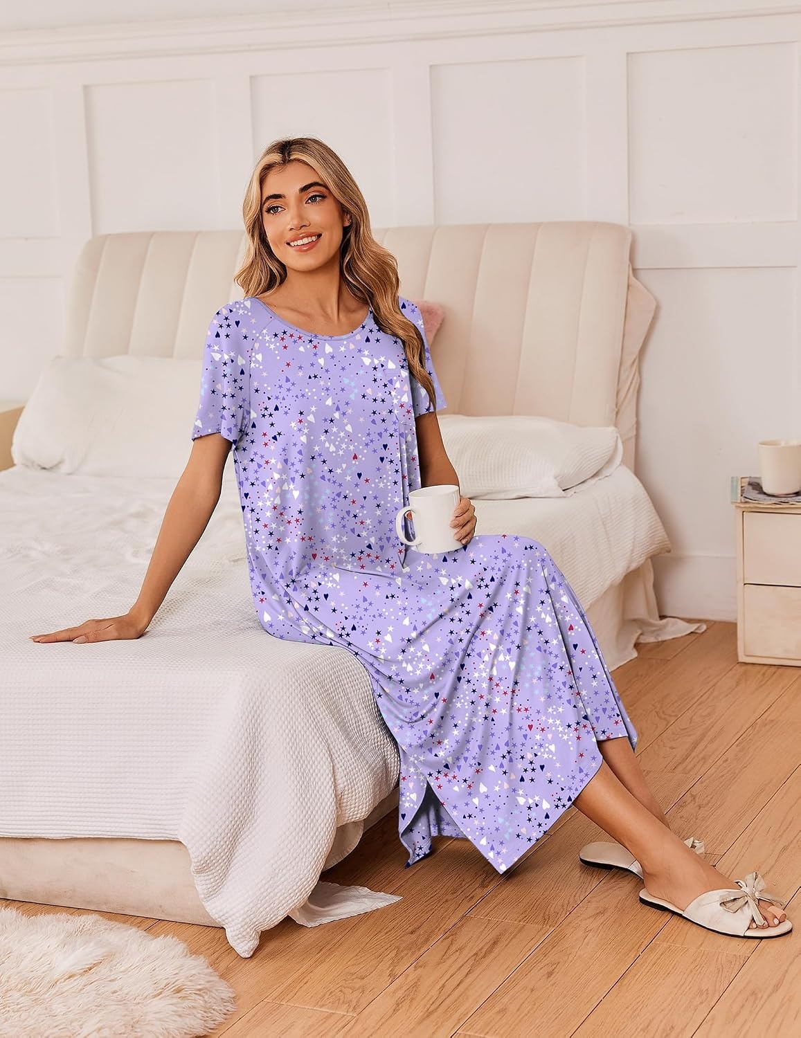 image:imageEkouaer Long Nightgowns for Women 3 Pack Plus Size Short Sleeve House Dress Ladies Night Gown V Neck Lounge Dress Plus Size Sleep Shirts Full Length Night Shirts Floral Moo Moos Soft Pajama DressGrey CoffeePurple StarBlue Butterfly