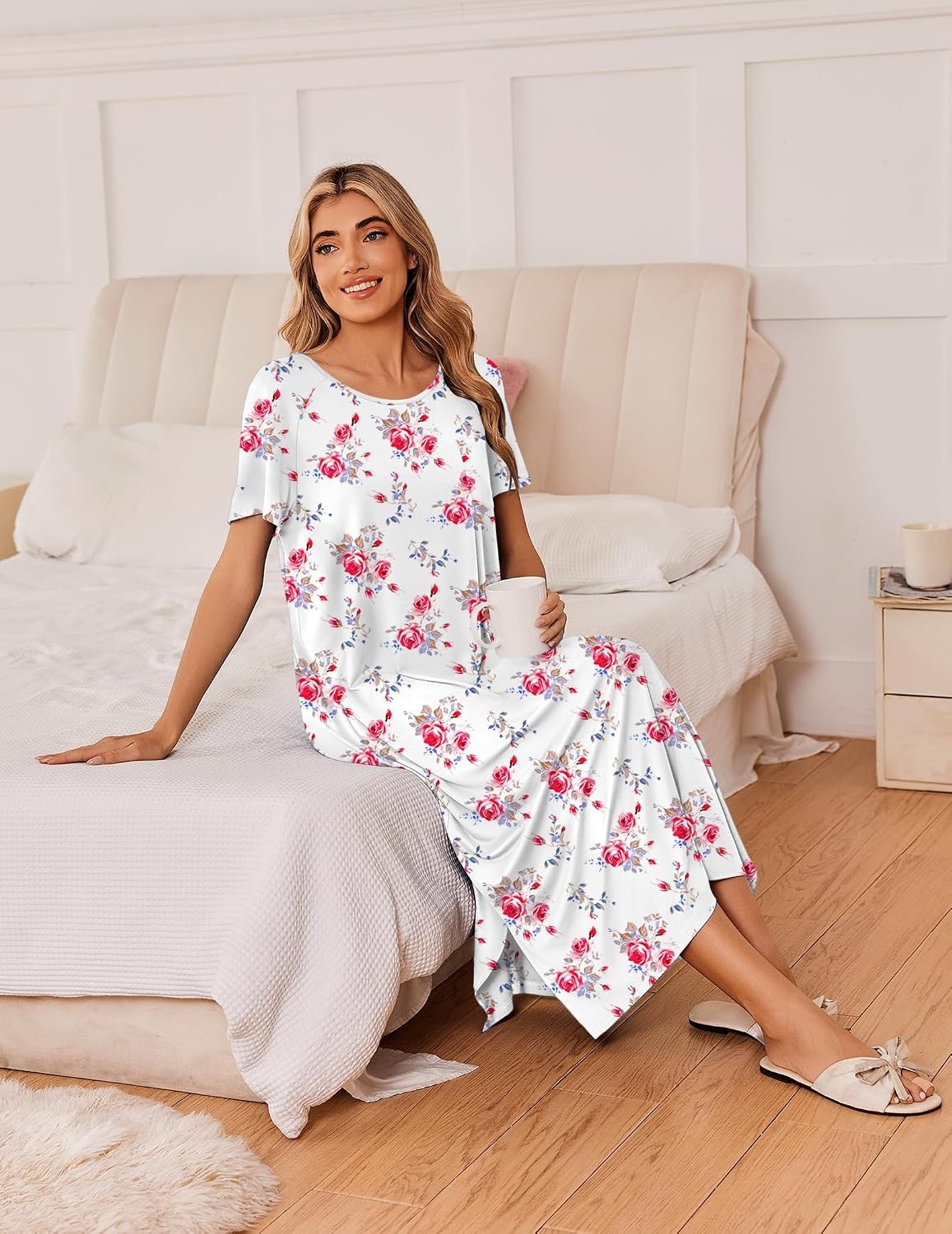 image:imageEkouaer Long Nightgowns for Women 3 Pack Plus Size Short Sleeve House Dress Ladies Night Gown V Neck Lounge Dress Plus Size Sleep Shirts Full Length Night Shirts Floral Moo Moos Soft Pajama DressTie Dye BlueWhite FloralGreen Flower