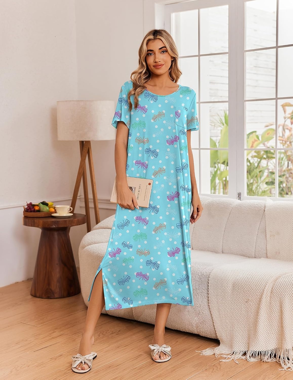 image:imageEkouaer Long Nightgowns for Women 3 Pack Plus Size Short Sleeve House Dress Ladies Night Gown V Neck Lounge Dress Plus Size Sleep Shirts Full Length Night Shirts Floral Moo Moos Soft Pajama DressGrey CoffeePurple StarBlue Butterfly