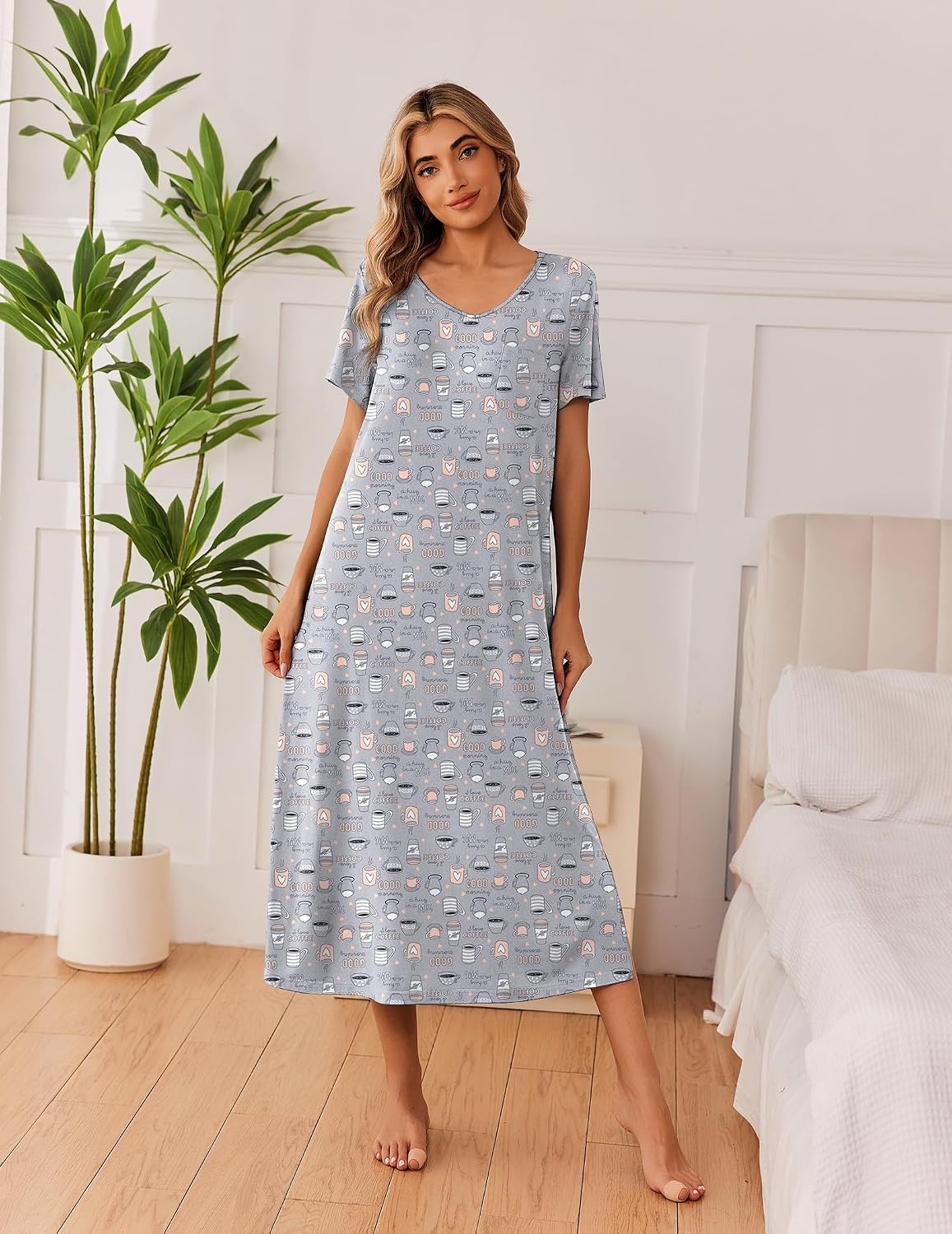 image:imageEkouaer Long Nightgowns for Women 3 Pack Plus Size Short Sleeve House Dress Ladies Night Gown V Neck Lounge Dress Plus Size Sleep Shirts Full Length Night Shirts Floral Moo Moos Soft Pajama DressGrey CoffeePurple StarBlue Butterfly