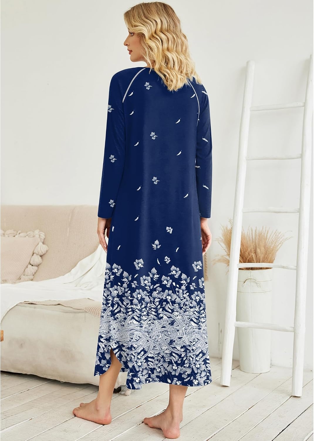 image:imageEkouaer Long Nightgowns for Women Long Sleeve House Dress with Pockets Warm FabricV Neck with 3 ButtonsColor Block Raglan SleeveFull Length Night GownNightshirt for ThanksgivingChristmasNavy White Florals