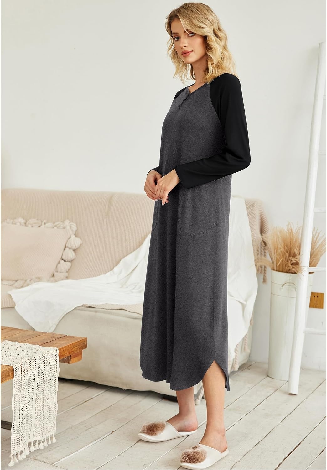 image:imageEkouaer Long Nightgowns for Women Long Sleeve House Dress with Pockets Warm FabricV Neck with 3 ButtonsColor Block Raglan SleeveFull Length Night GownNightshirt for ThanksgivingChristmasGrey