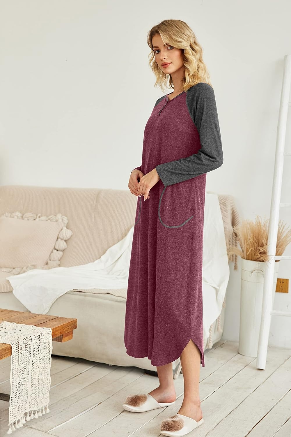 image:imageEkouaer Long Nightgowns for Women Long Sleeve House Dress with Pockets Warm FabricV Neck with 3 ButtonsColor Block Raglan SleeveFull Length Night GownNightshirt for ThanksgivingChristmasWine Red