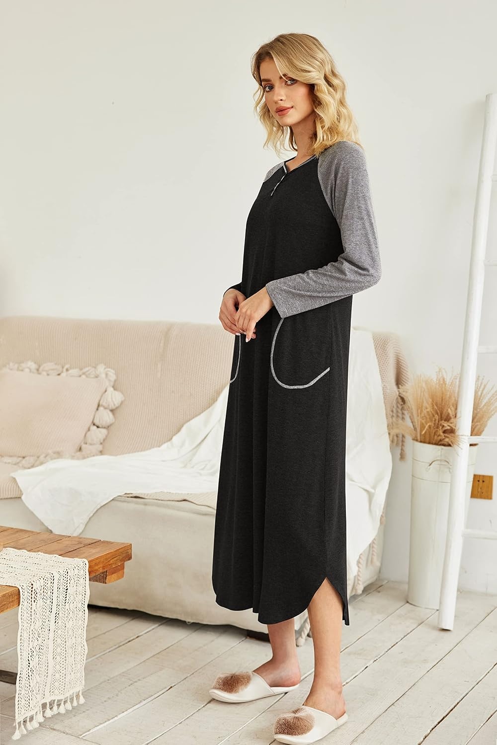image:imageEkouaer Long Nightgowns for Women Long Sleeve House Dress with Pockets Warm FabricV Neck with 3 ButtonsColor Block Raglan SleeveFull Length Night GownNightshirt for ThanksgivingChristmasBlack