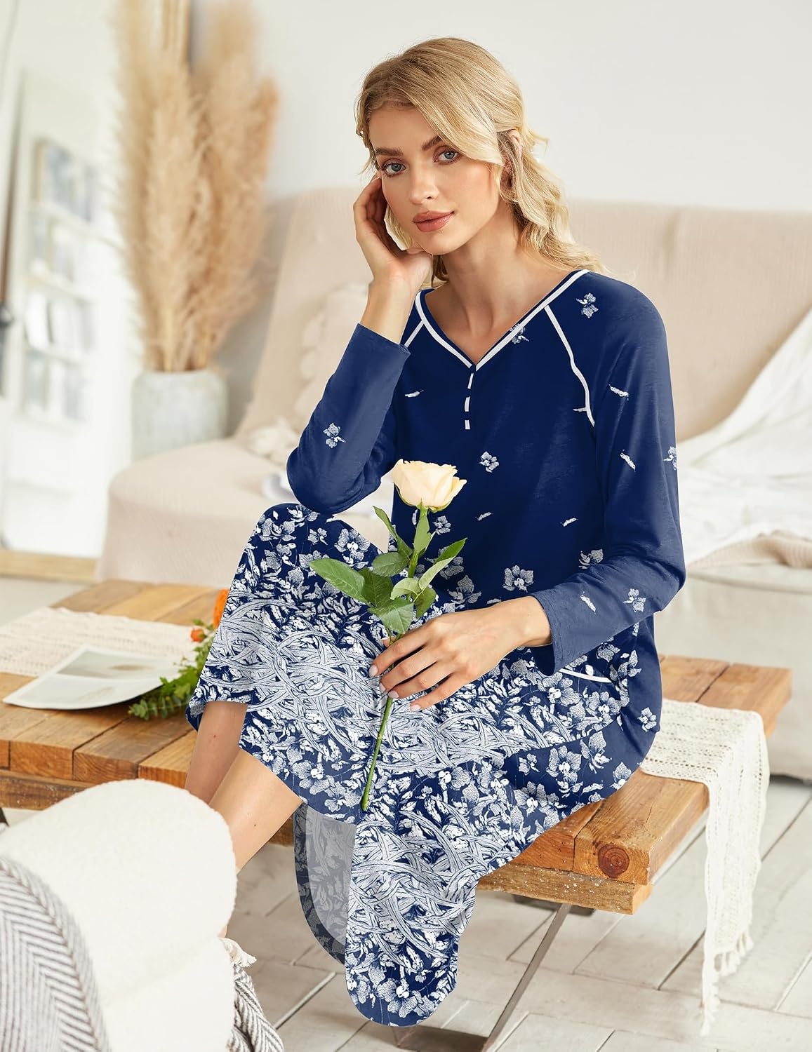 image:imageEkouaer Long Nightgowns for Women Long Sleeve House Dress with Pockets Warm FabricV Neck with 3 ButtonsColor Block Raglan SleeveFull Length Night GownNightshirt for ThanksgivingChristmasNavy White Florals