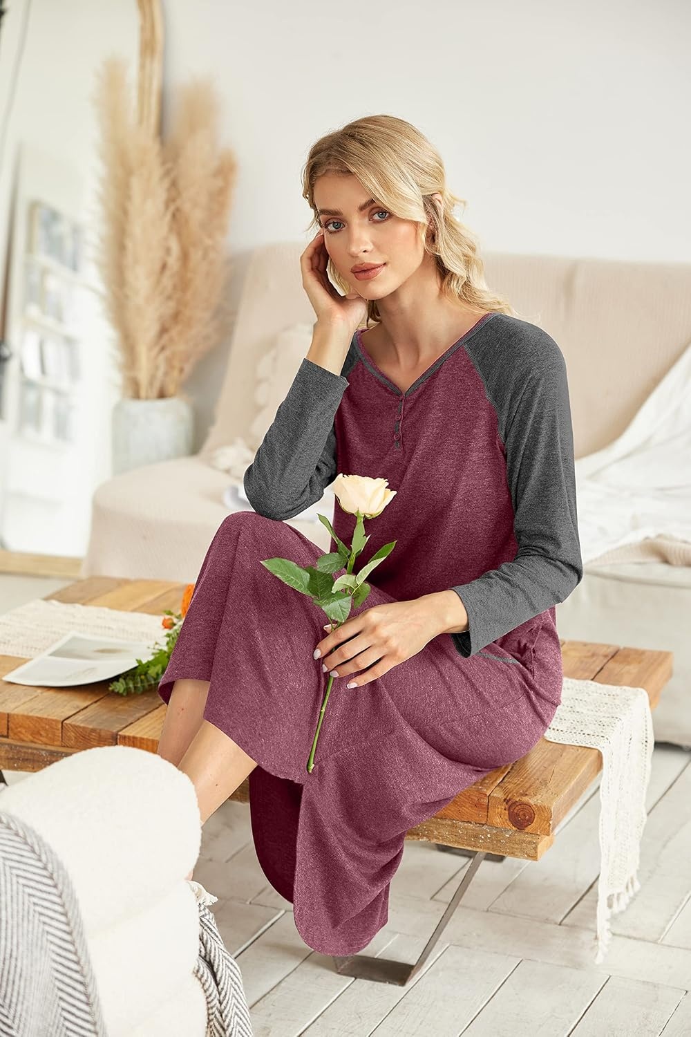 image:imageEkouaer Long Nightgowns for Women Long Sleeve House Dress with Pockets Warm FabricV Neck with 3 ButtonsColor Block Raglan SleeveFull Length Night GownNightshirt for ThanksgivingChristmasWine Red