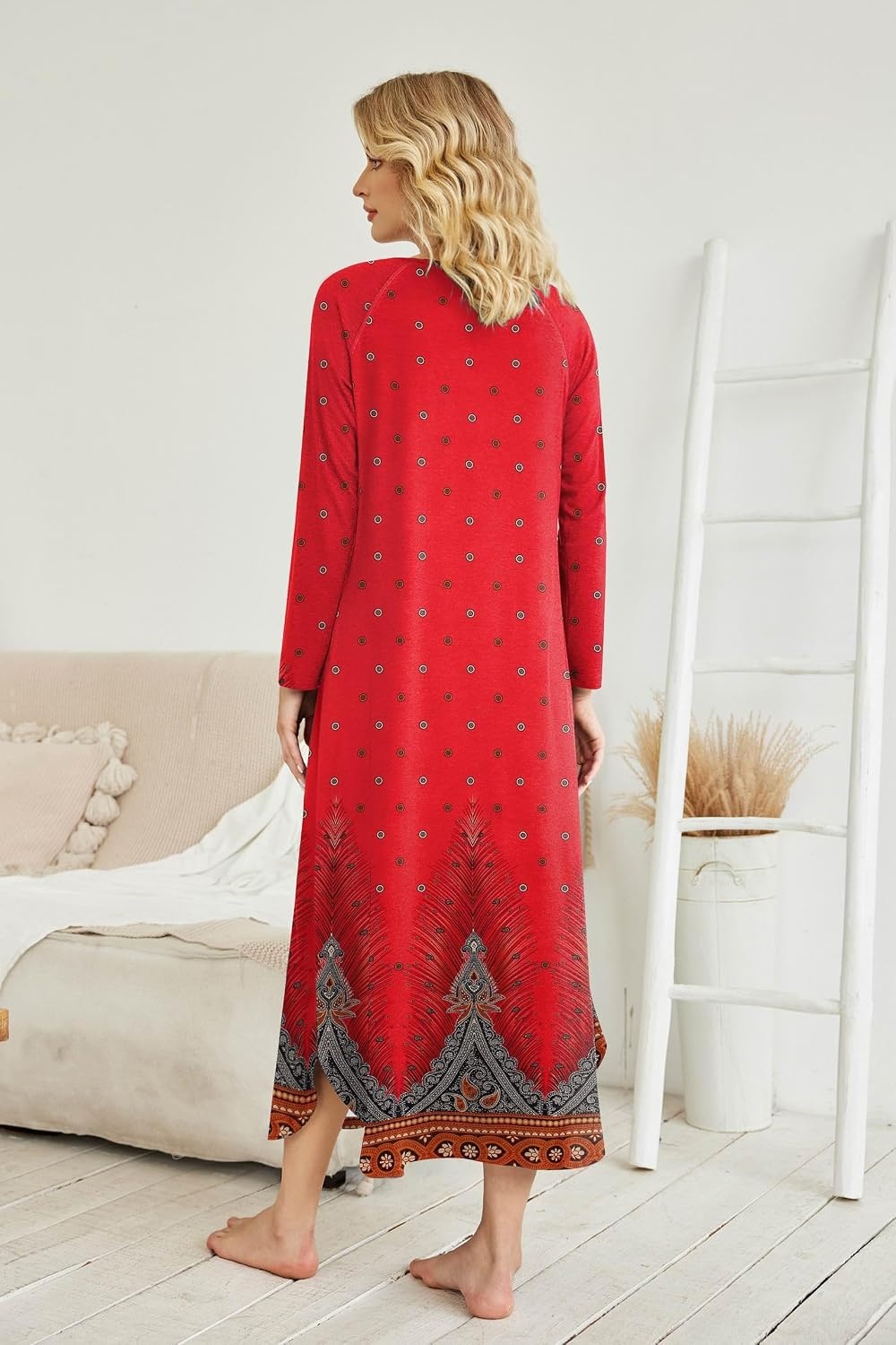 image:imageEkouaer Long Nightgowns for Women Long Sleeve House Dress with Pockets Warm FabricV Neck with 3 ButtonsColor Block Raglan SleeveFull Length Night GownNightshirt for ThanksgivingChristmasRed Feather