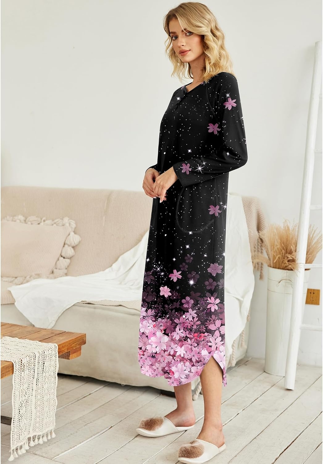 image:imageEkouaer Long Nightgowns for Women Long Sleeve House Dress with Pockets Warm FabricV Neck with 3 ButtonsColor Block Raglan SleeveFull Length Night GownNightshirt for ThanksgivingChristmasBlack Pink Sakura