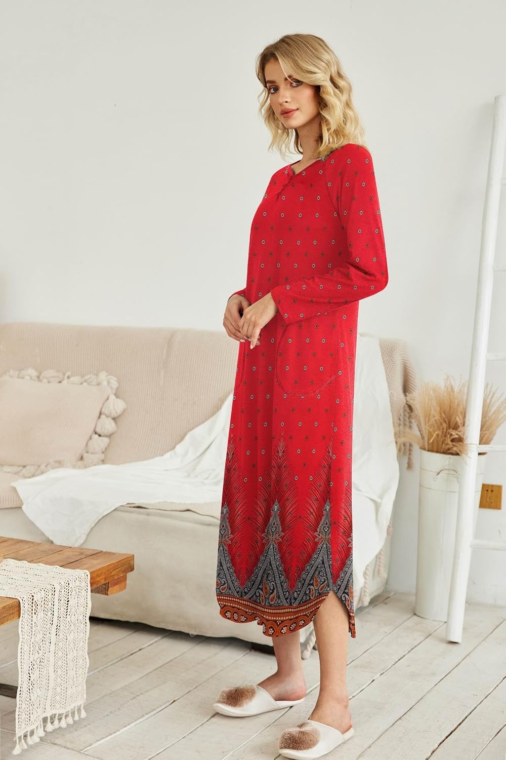 image:imageEkouaer Long Nightgowns for Women Long Sleeve House Dress with Pockets Warm FabricV Neck with 3 ButtonsColor Block Raglan SleeveFull Length Night GownNightshirt for ThanksgivingChristmasRed Feather