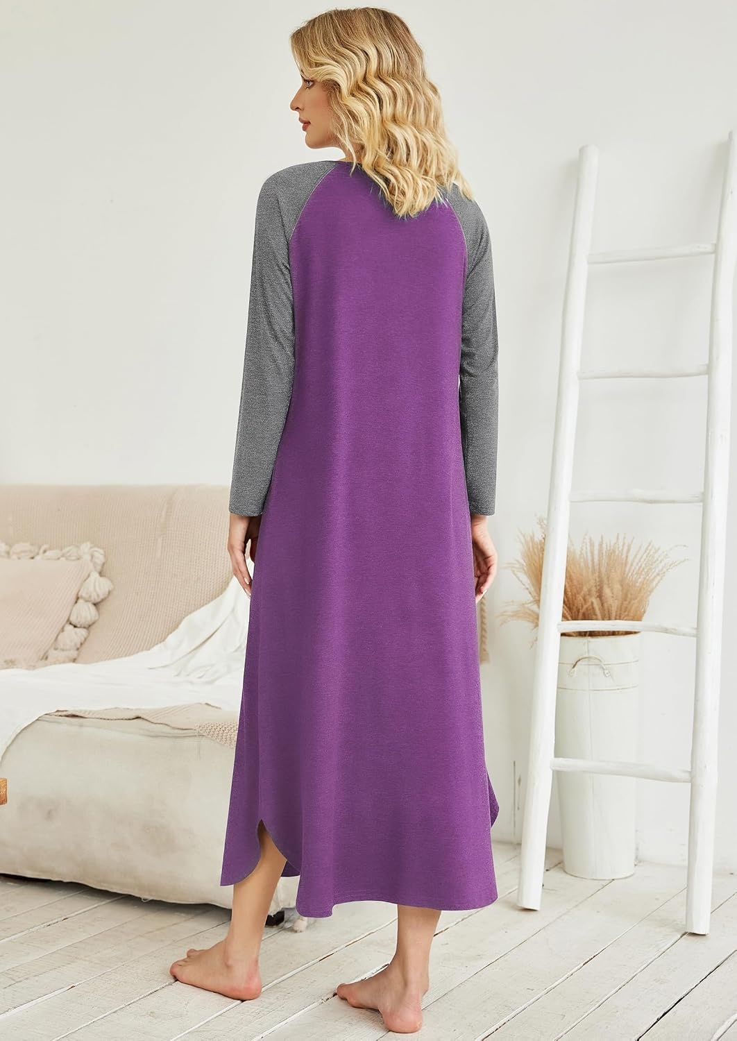 image:imageEkouaer Long Nightgowns for Women Long Sleeve House Dress with Pockets Warm FabricV Neck with 3 ButtonsColor Block Raglan SleeveFull Length Night GownNightshirt for ThanksgivingChristmasPurple