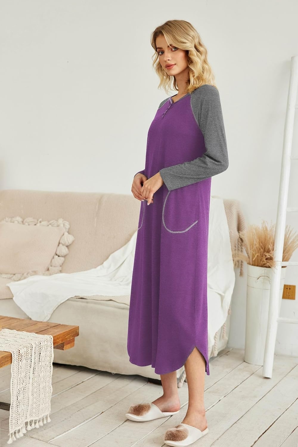 image:imageEkouaer Long Nightgowns for Women Long Sleeve House Dress with Pockets Warm FabricV Neck with 3 ButtonsColor Block Raglan SleeveFull Length Night GownNightshirt for ThanksgivingChristmasPurple