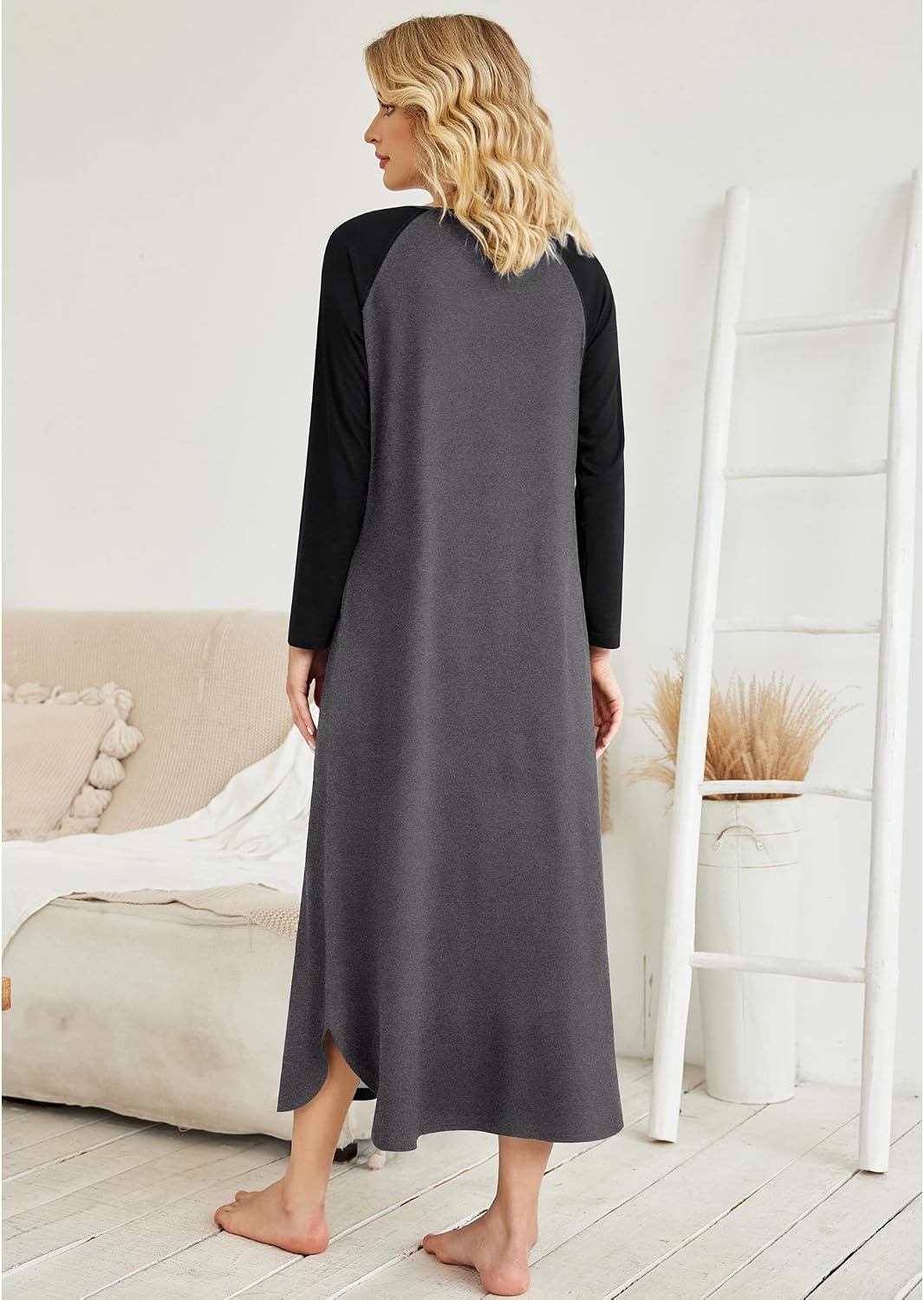 image:imageEkouaer Long Nightgowns for Women Long Sleeve House Dress with Pockets Warm FabricV Neck with 3 ButtonsColor Block Raglan SleeveFull Length Night GownNightshirt for ThanksgivingChristmasGrey