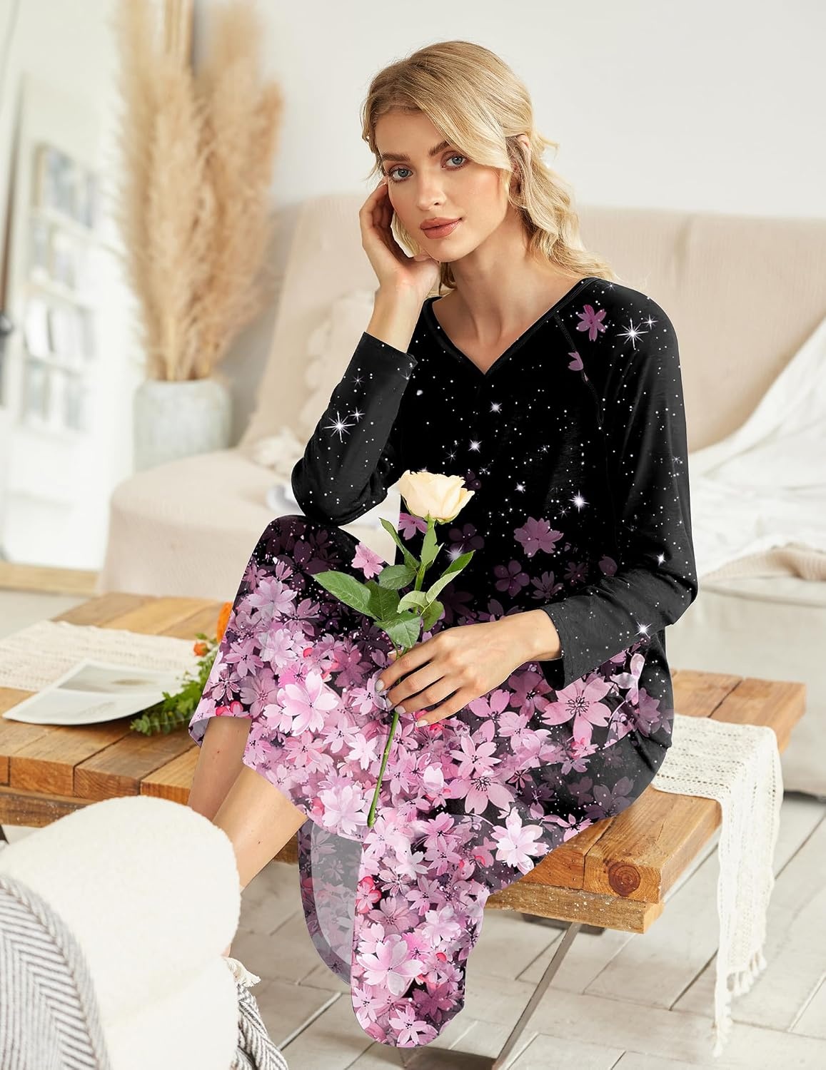 image:imageEkouaer Long Nightgowns for Women Long Sleeve House Dress with Pockets Warm FabricV Neck with 3 ButtonsColor Block Raglan SleeveFull Length Night GownNightshirt for ThanksgivingChristmasBlack Pink Sakura