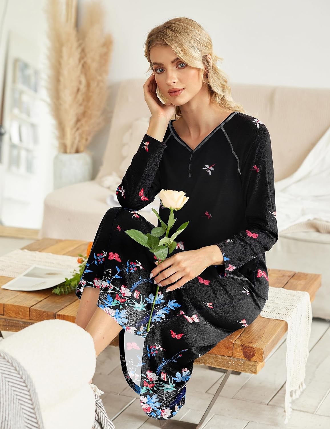 image:imageEkouaer Long Nightgowns for Women Long Sleeve House Dress with Pockets Warm FabricV Neck with 3 ButtonsColor Block Raglan SleeveFull Length Night GownNightshirt for ThanksgivingChristmasBlack Butterfly