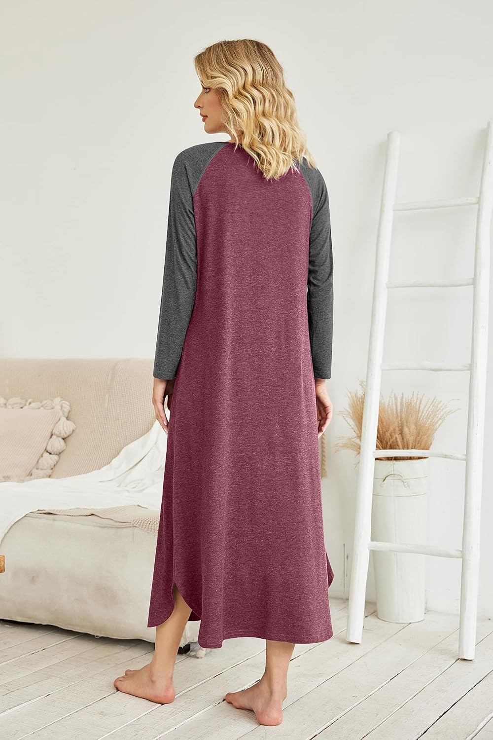 image:imageEkouaer Long Nightgowns for Women Long Sleeve House Dress with Pockets Warm FabricV Neck with 3 ButtonsColor Block Raglan SleeveFull Length Night GownNightshirt for ThanksgivingChristmasWine Red