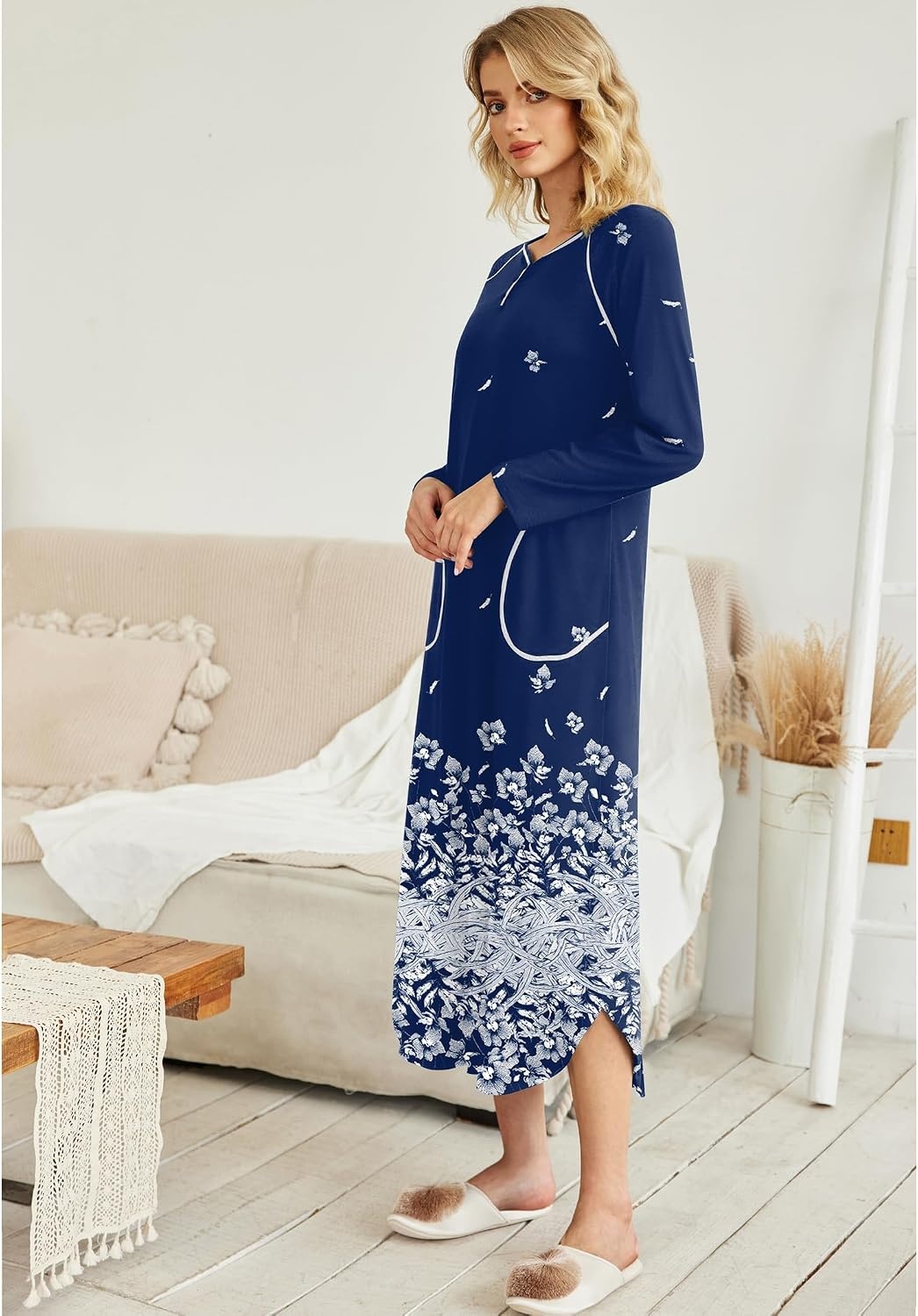 image:imageEkouaer Long Nightgowns for Women Long Sleeve House Dress with Pockets Warm FabricV Neck with 3 ButtonsColor Block Raglan SleeveFull Length Night GownNightshirt for ThanksgivingChristmasNavy White Florals