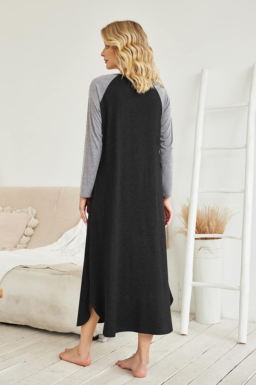 image:imageEkouaer Long Nightgowns for Women Long Sleeve House Dress with Pockets Warm FabricV Neck with 3 ButtonsColor Block Raglan SleeveFull Length Night GownNightshirt for ThanksgivingChristmasBlack