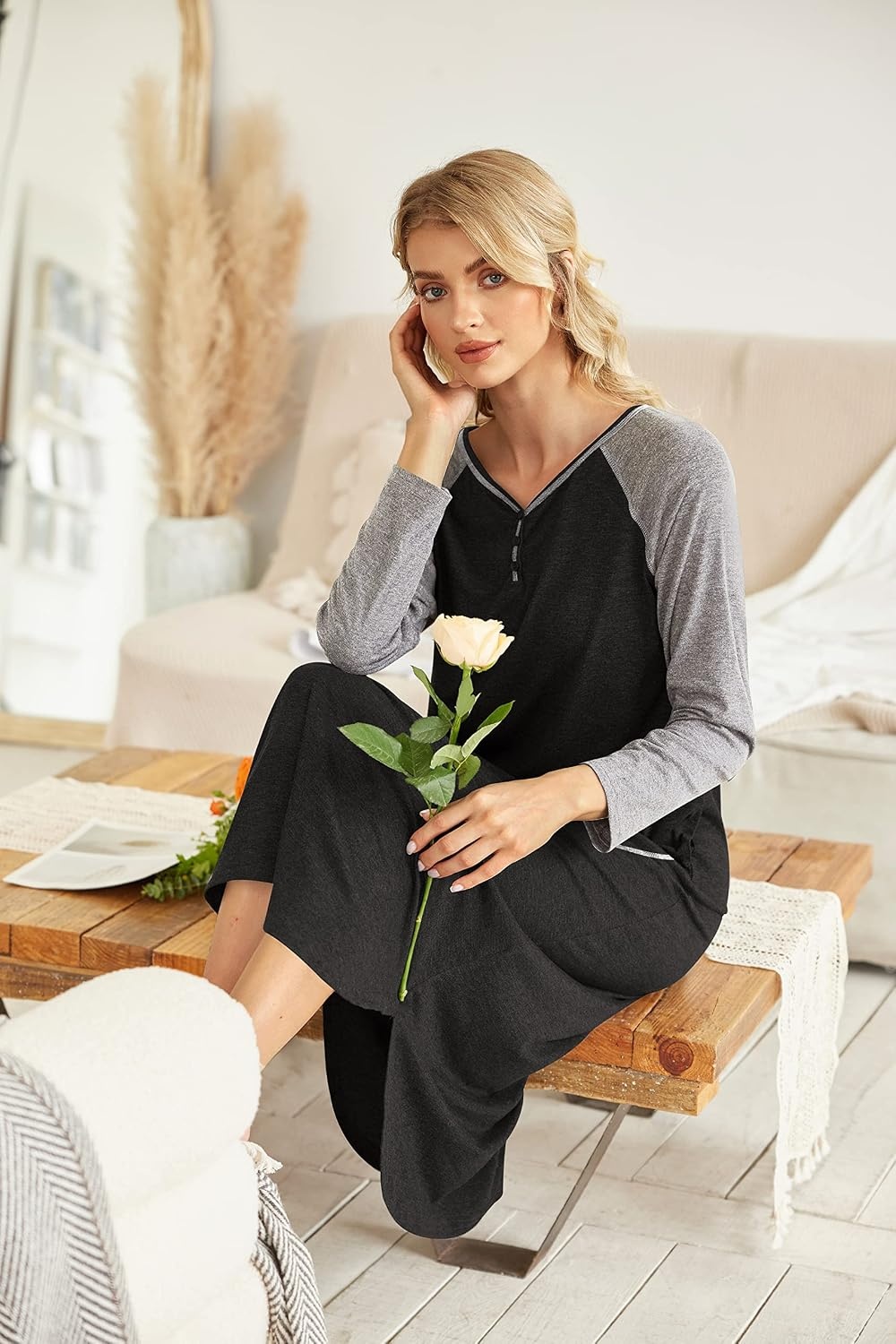 image:imageEkouaer Long Nightgowns for Women Long Sleeve House Dress with Pockets Warm FabricV Neck with 3 ButtonsColor Block Raglan SleeveFull Length Night GownNightshirt for ThanksgivingChristmasBlack