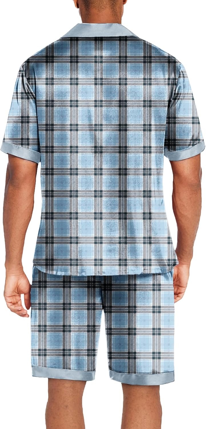 image:imageEkouaer Men Silk Pajamas Set 2 Pieces Satin Pj Button Down Loungewear Sets Shirt and ShortsSleepwearDrawstringPocketsShort SleeveMatching SetBreathableSoftMens Gift for BirthdaySummerFallBlue Check
