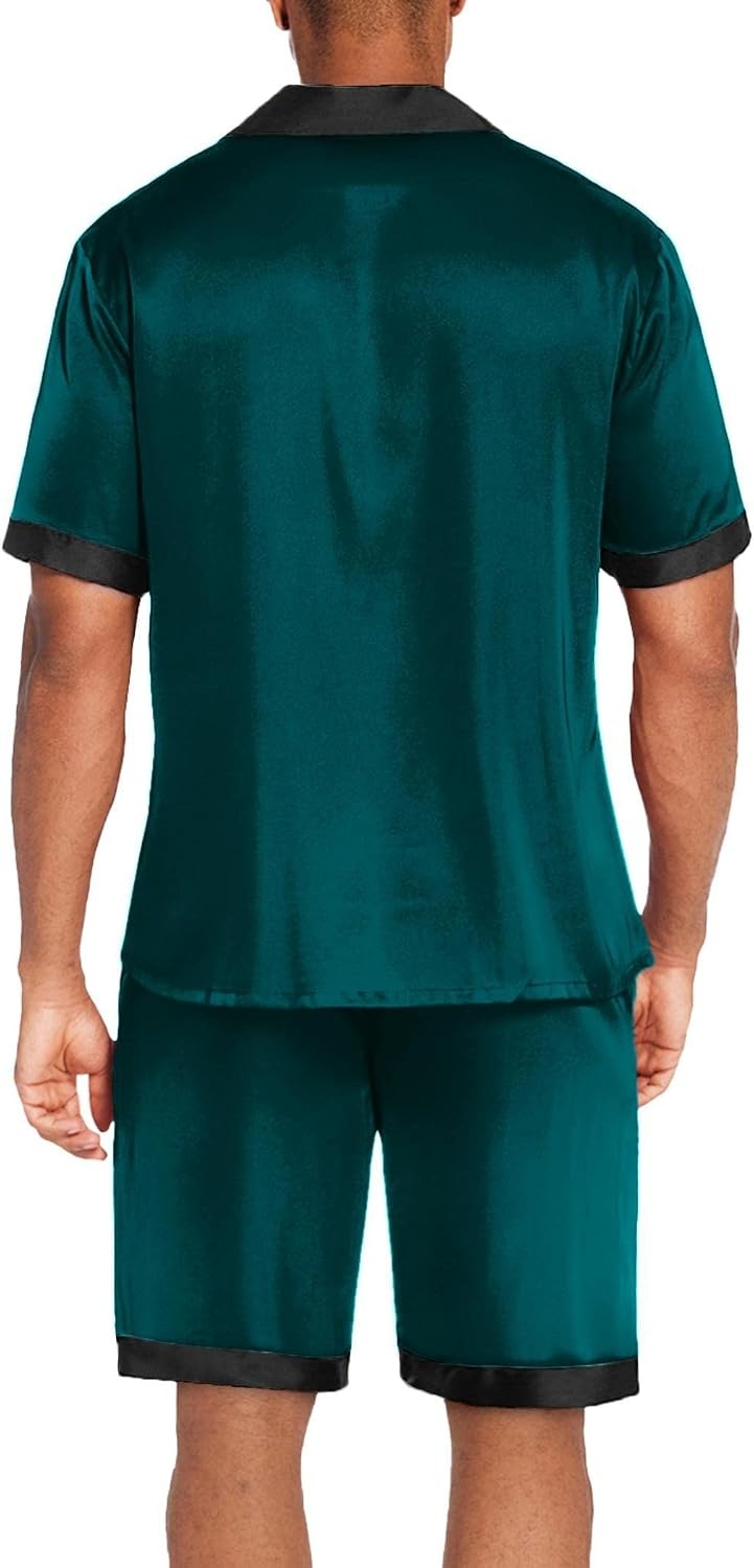 image:imageEkouaer Men Silk Pajamas Set 2 Pieces Satin Pj Button Down Loungewear Sets Shirt and ShortsSleepwearDrawstringPocketsShort SleeveMatching SetBreathableSoftMens Gift for BirthdaySummerFallLake Green