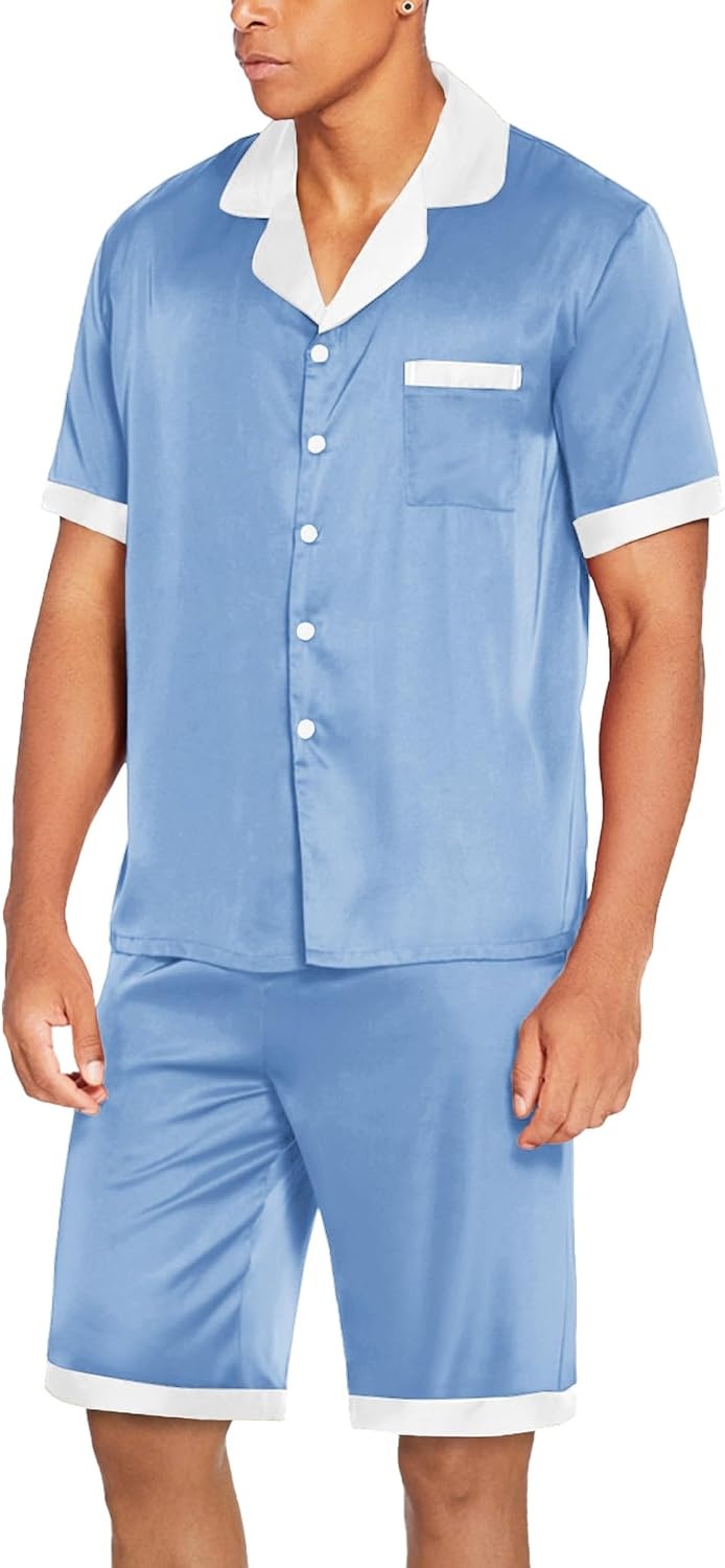 image:imageEkouaer Men Silk Pajamas Set 2 Pieces Satin Pj Button Down Loungewear Sets Shirt and ShortsSleepwearDrawstringPocketsShort SleeveMatching SetBreathableSoftMens Gift for BirthdaySummerFallBlue
