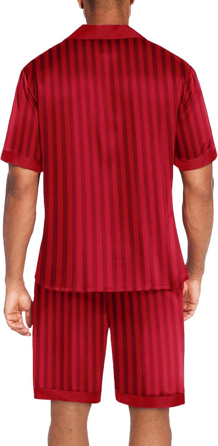 image:imageEkouaer Men Silk Pajamas Set 2 Pieces Satin Pj Button Down Loungewear Sets Shirt and ShortsSleepwearDrawstringPocketsShort SleeveMatching SetBreathableSoftMens Gift for BirthdaySummerFallRed Striped